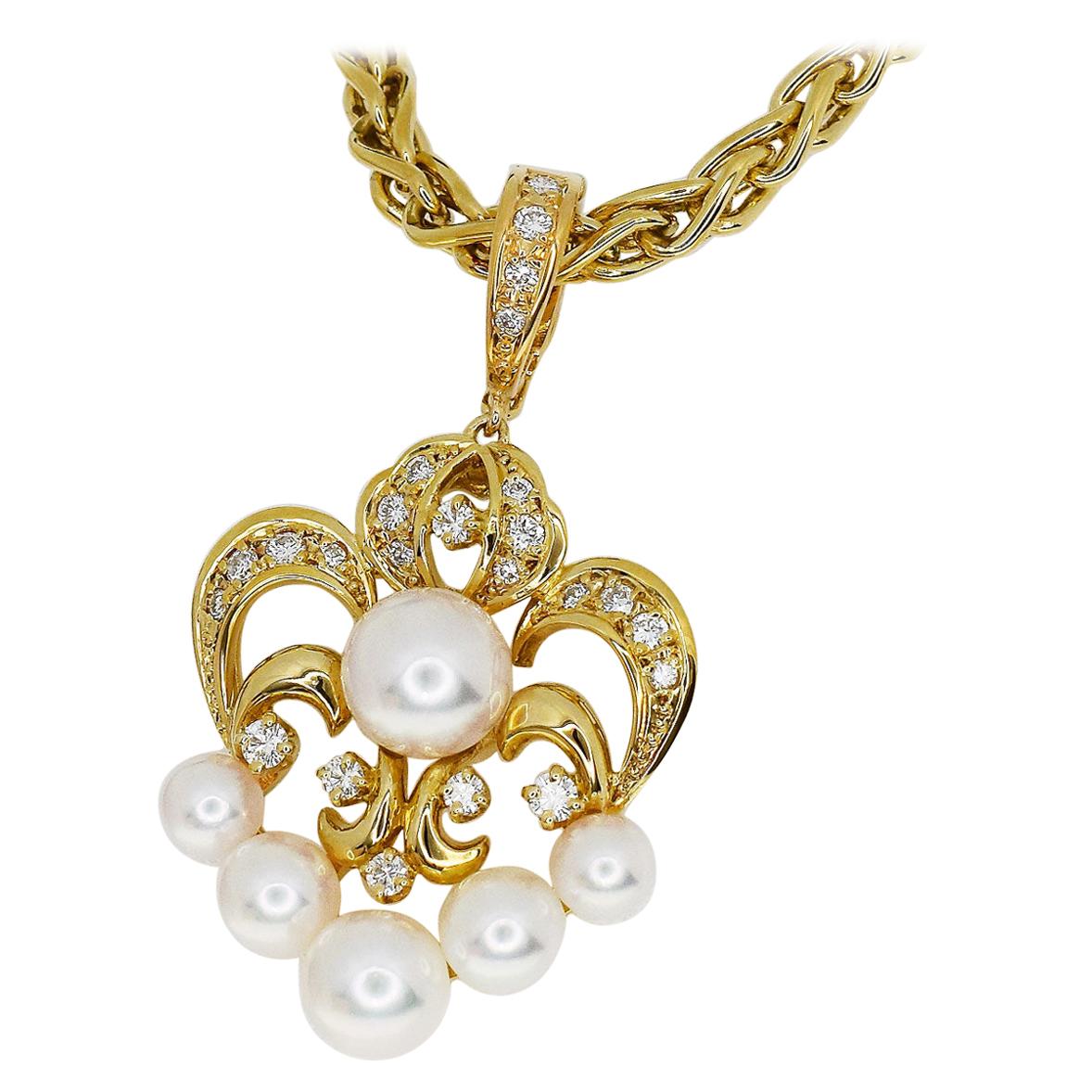 Mikimoto Pearl Diamond 18 Karat Yellow Gold Pendant Necklace