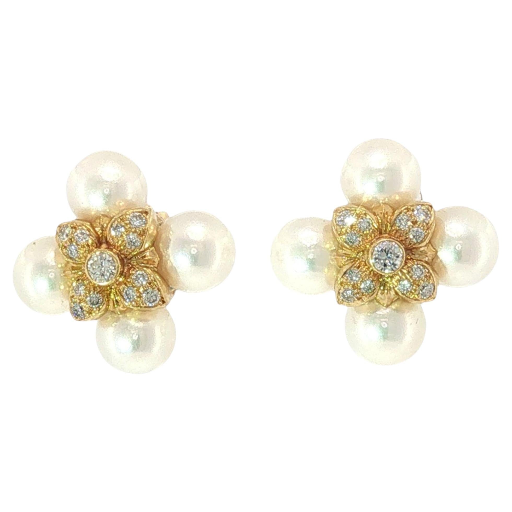 Mikimoto Pearl Diamond Earrings 18K Yellow Gold Studs Cultured Pearls For Sale