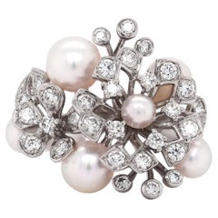 Mikimoto Pearl Diamond Floral Ring in 18K White Gold Japanese Designer Jewelry