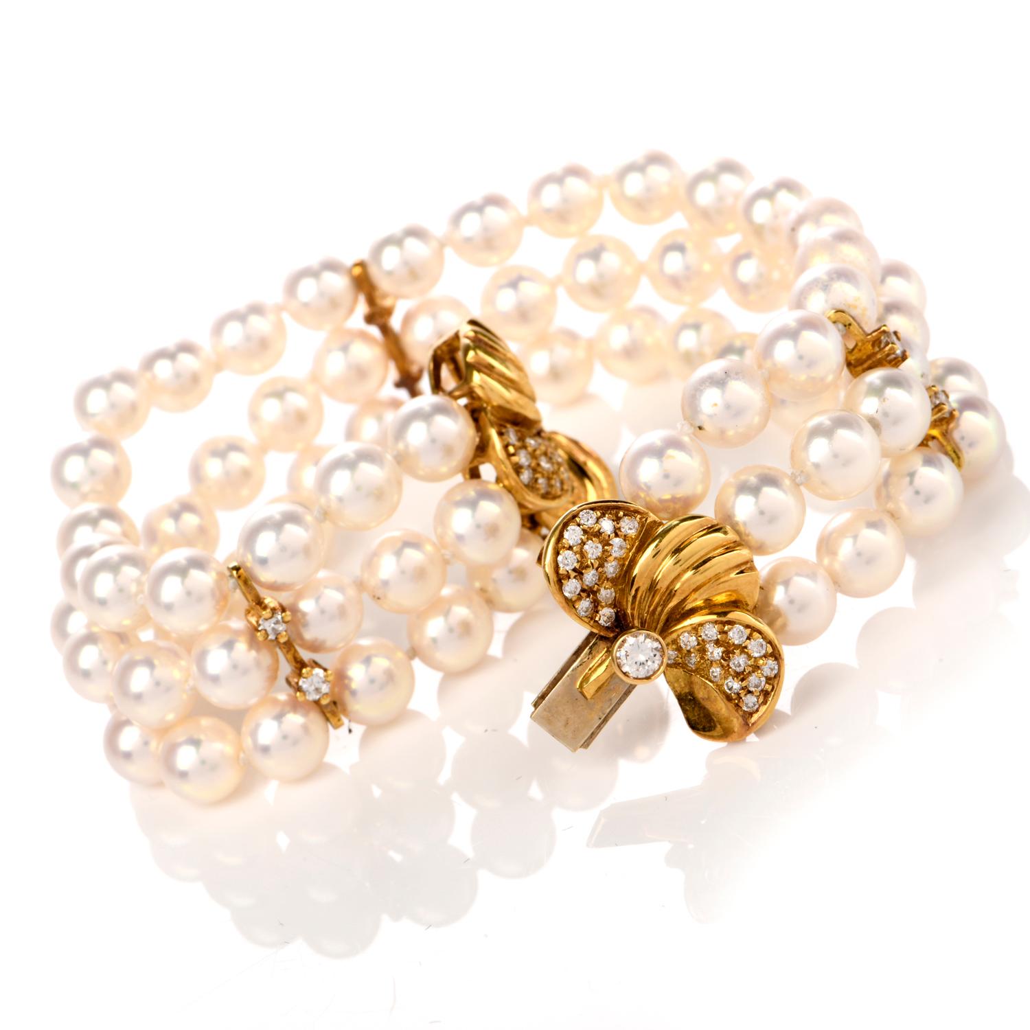 This elegant Mikimoto pearl and diamond floral bracelet is crafted with 18-karat yellow gold, weighing 35.2 grams and measuring 6.25 inches around the wrist x 20mm wide. Displaying a centered flower motif clasp, pave-set with round cut diamonds