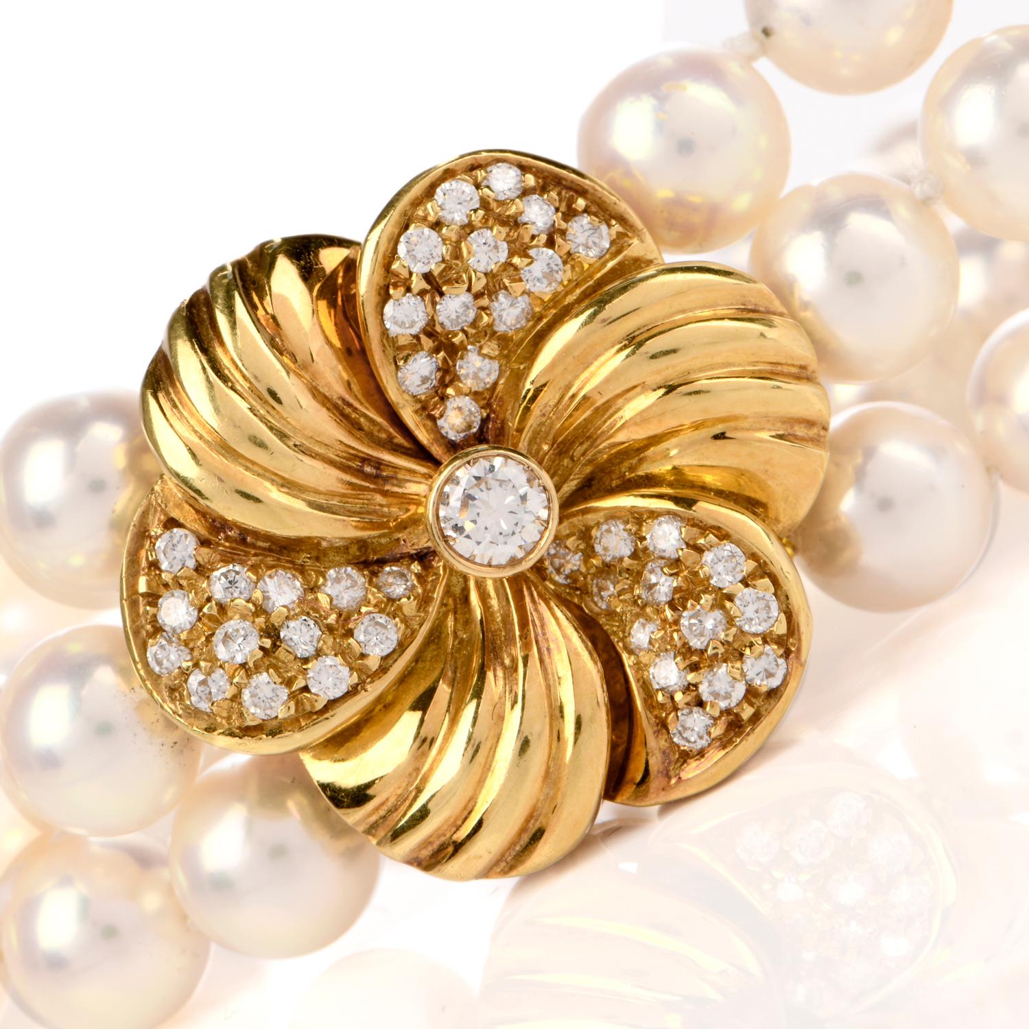 Women's Mikimoto Pearl Diamond Flower Gold Bracelet