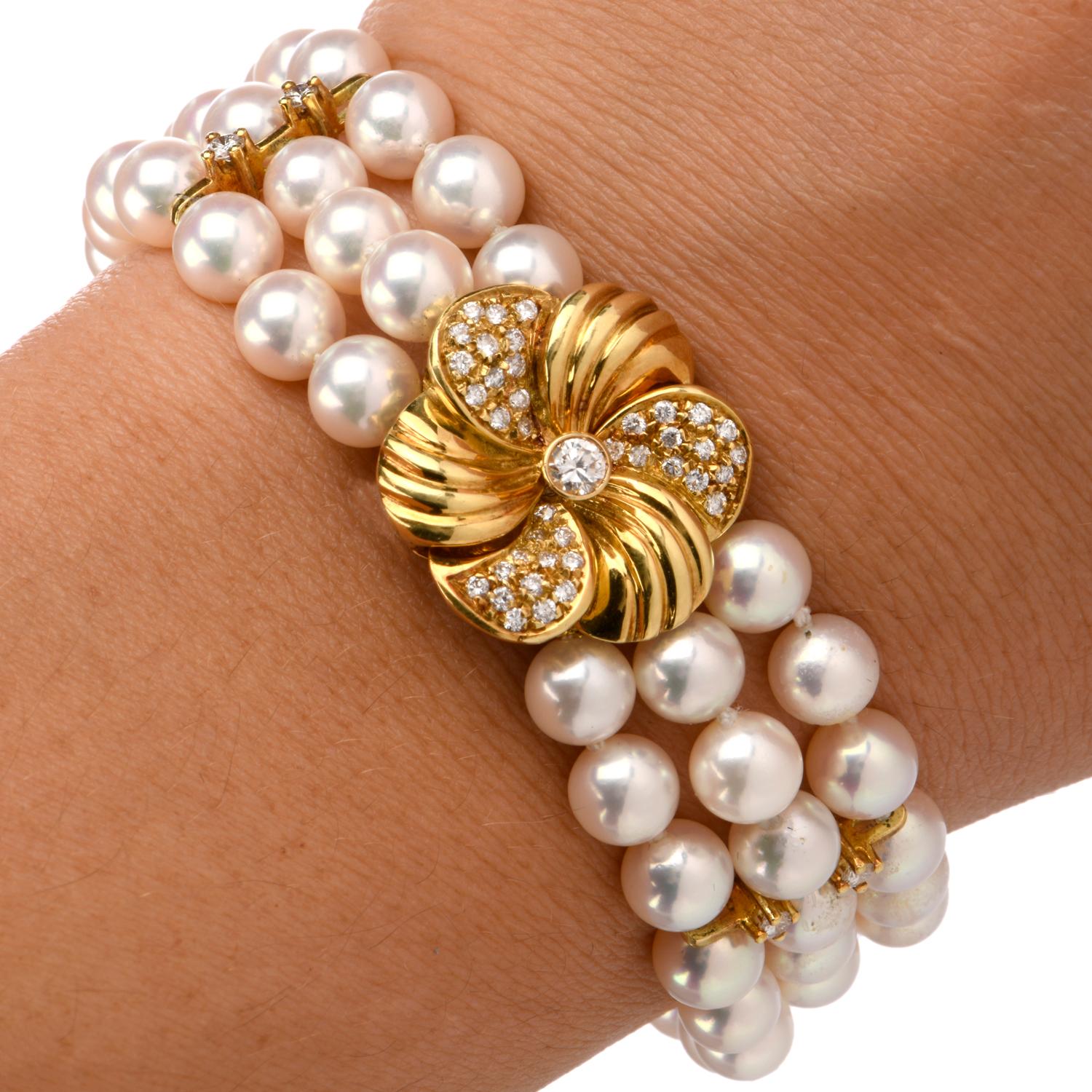 Mikimoto Pearl Diamond Flower Gold Bracelet In Excellent Condition In Miami, FL