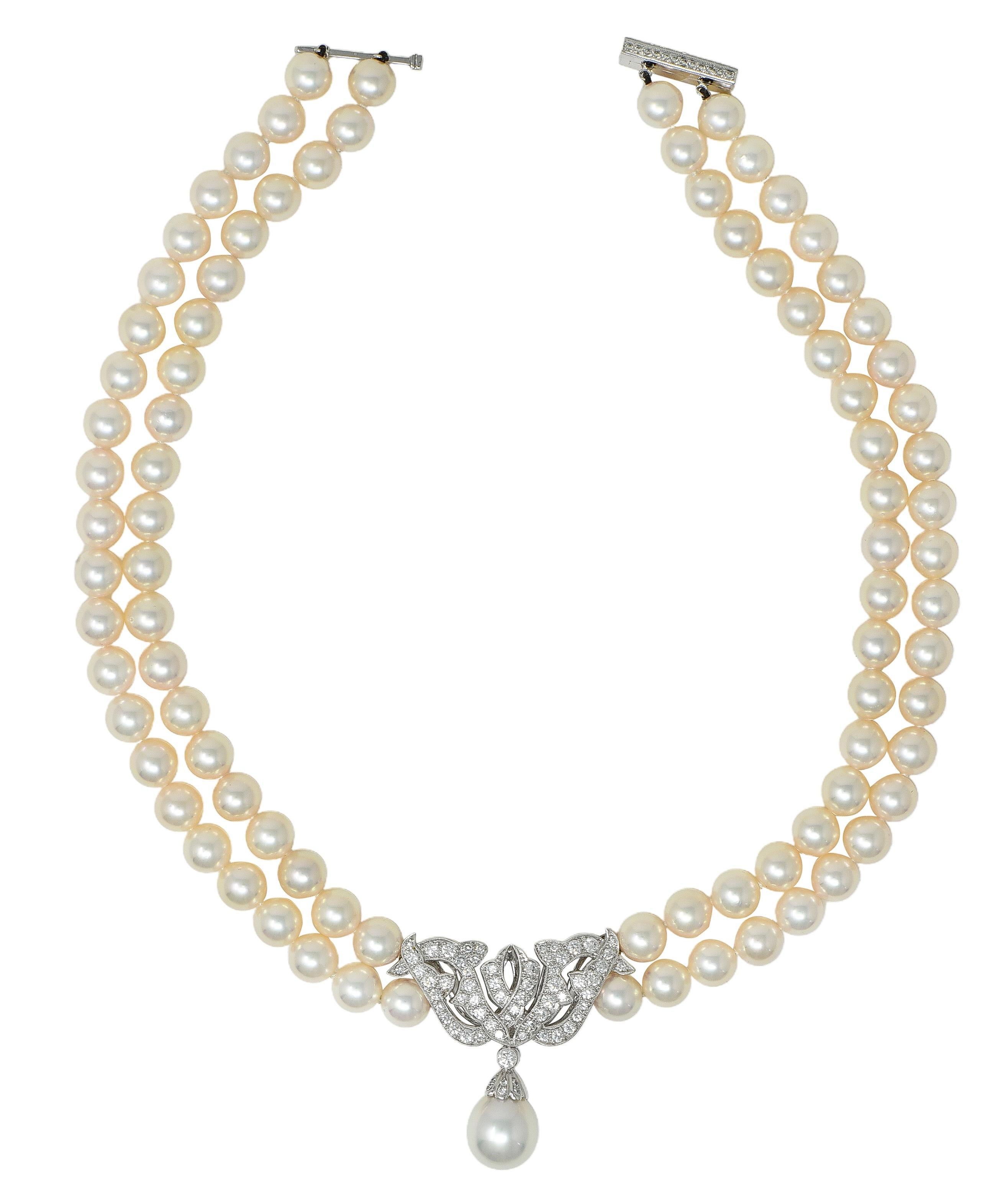 Mikimoto Collar de perlas, diamantes y platino con varias vueltas, estilo vintage Corte redondo en venta