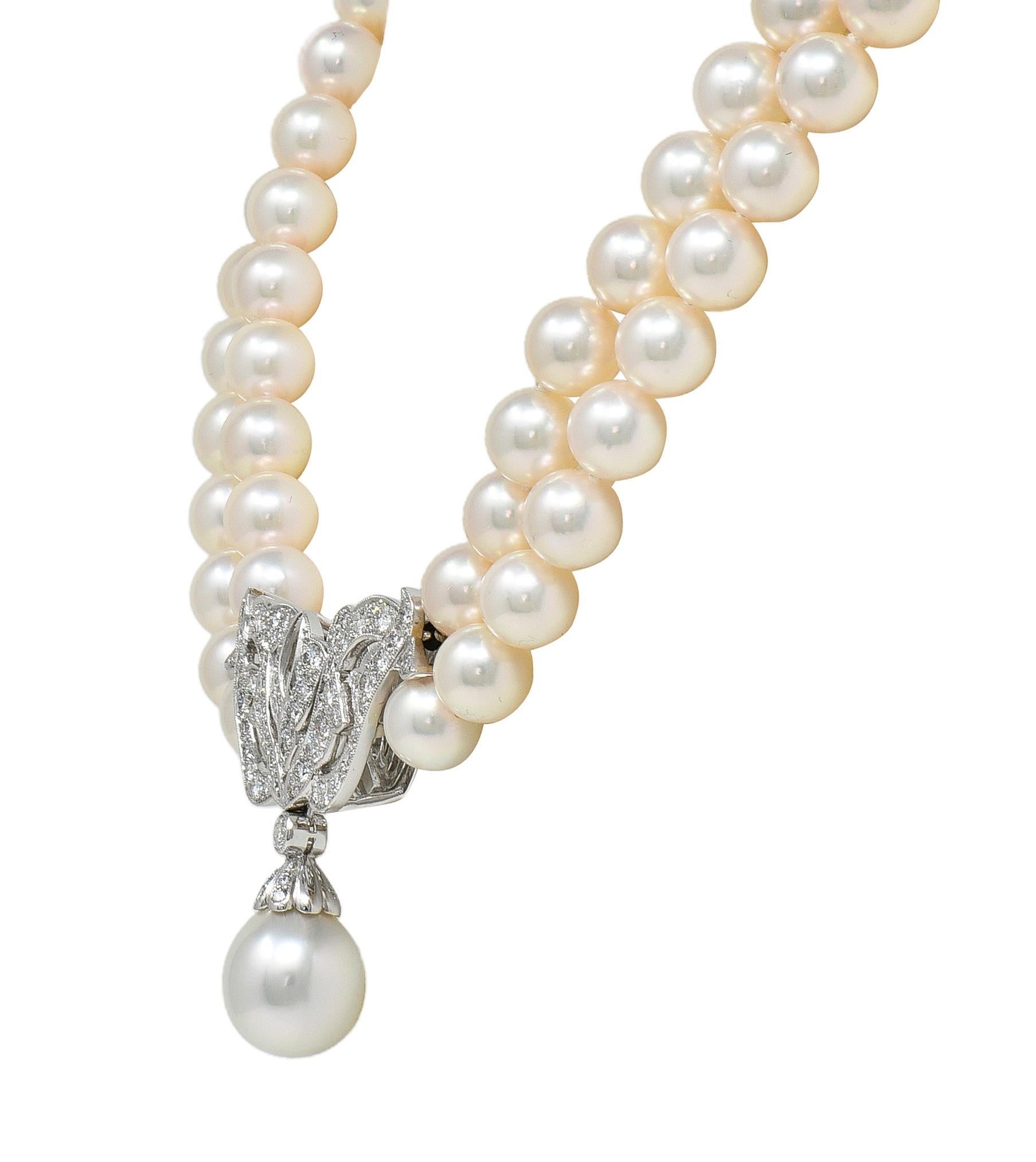 Mikimoto Collar de perlas, diamantes y platino con varias vueltas, estilo vintage en Excelente estado para la venta en Philadelphia, PA
