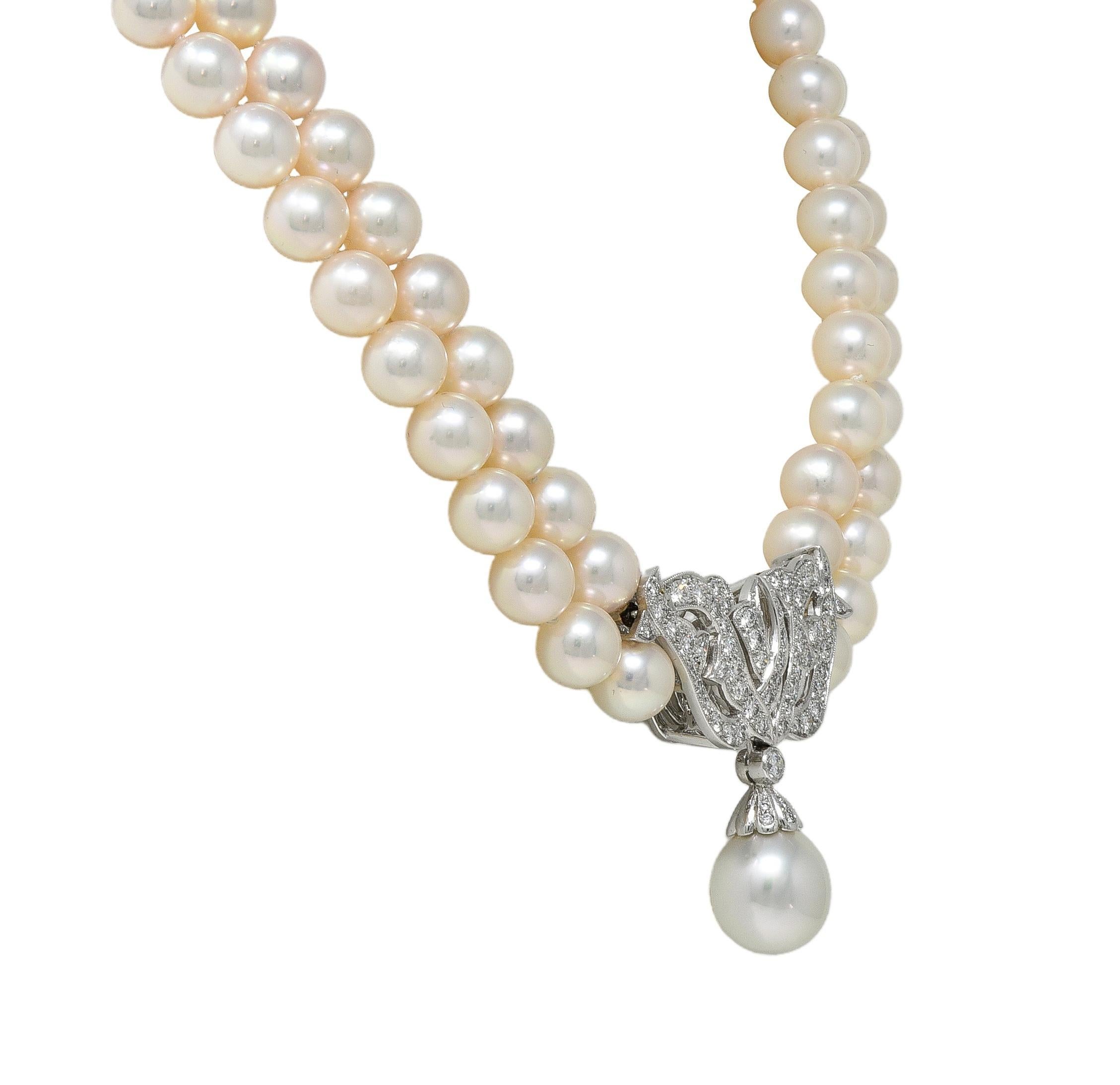 Mikimoto Collar de perlas, diamantes y platino con varias vueltas, estilo vintage en venta 1