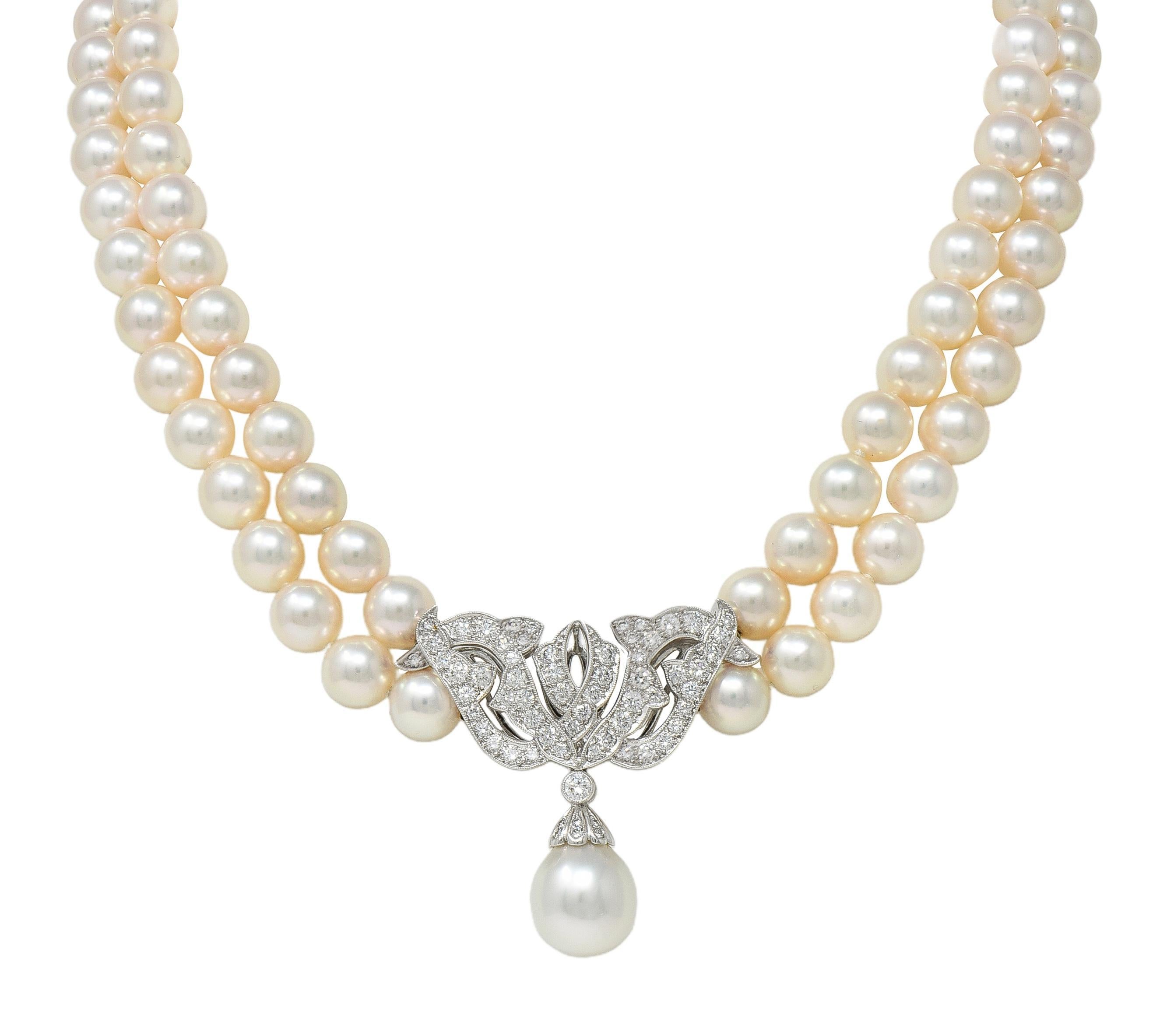Mikimoto Collar de perlas, diamantes y platino con varias vueltas, estilo vintage en venta