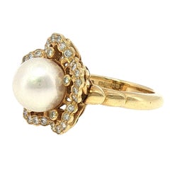 Anello con perla e diamanti Mikimoto in oro giallo 18 carati con perle coltivate, misura 7