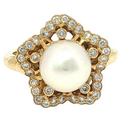 Anello con perla e diamanti Mikimoto in oro giallo 18 carati con perle coltivate, misura 7