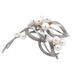 Mikimoto Pearl Leaf Branch Brooch 14k White Gold