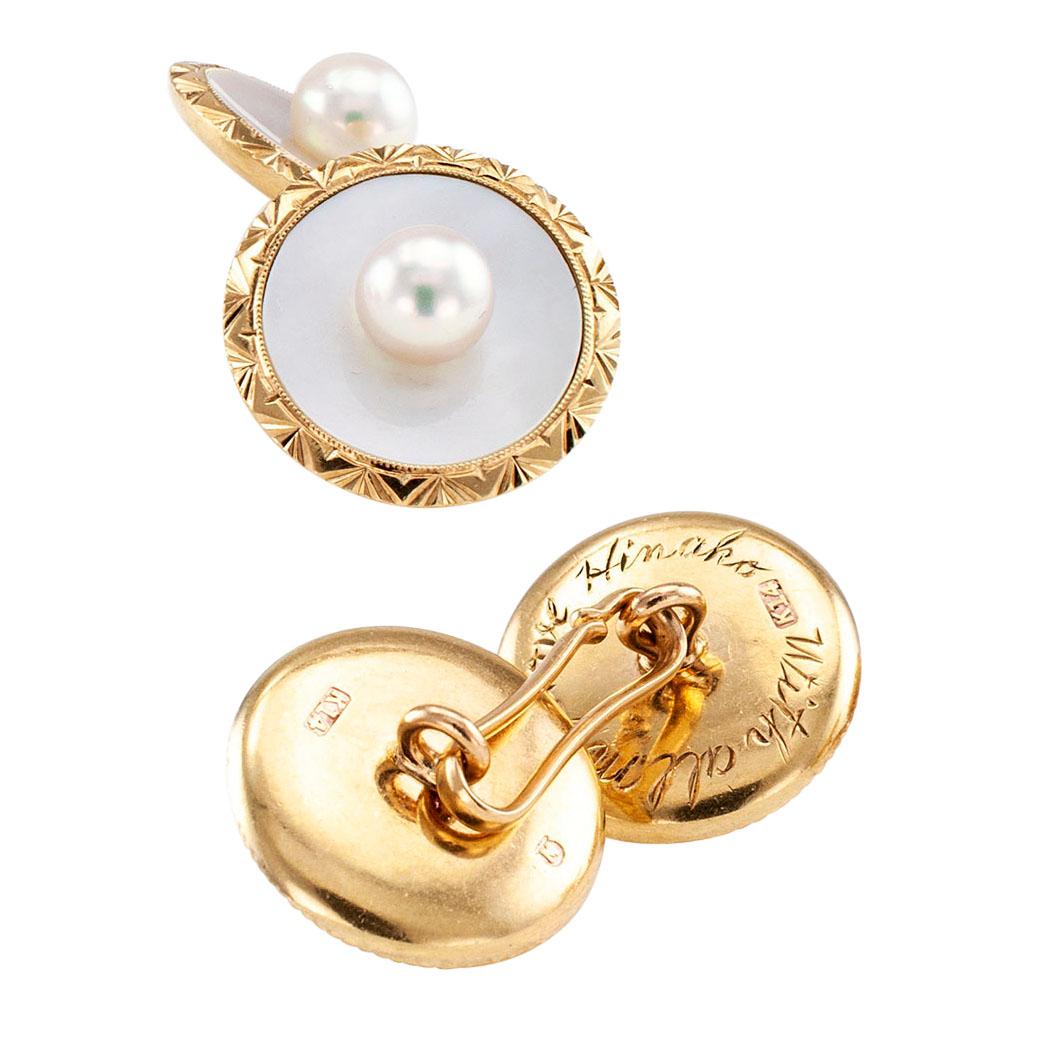 Modern Mikimoto Pearl Mother of Pearl Gold Cufflinks