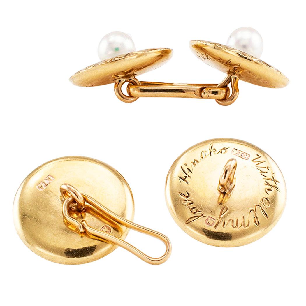 Women's or Men's Mikimoto Pearl Mother of Pearl Gold Cufflinks