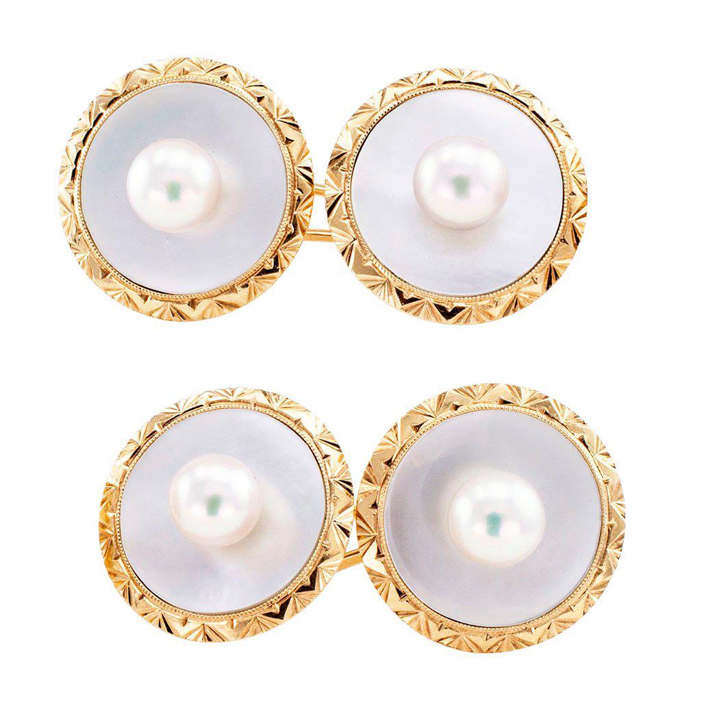Mikimoto Pearl Mother of Pearl Gold Cufflinks