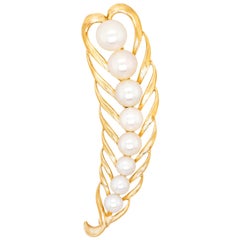 Vintage Mikimoto Pearl-Set Gold Feather Brooch