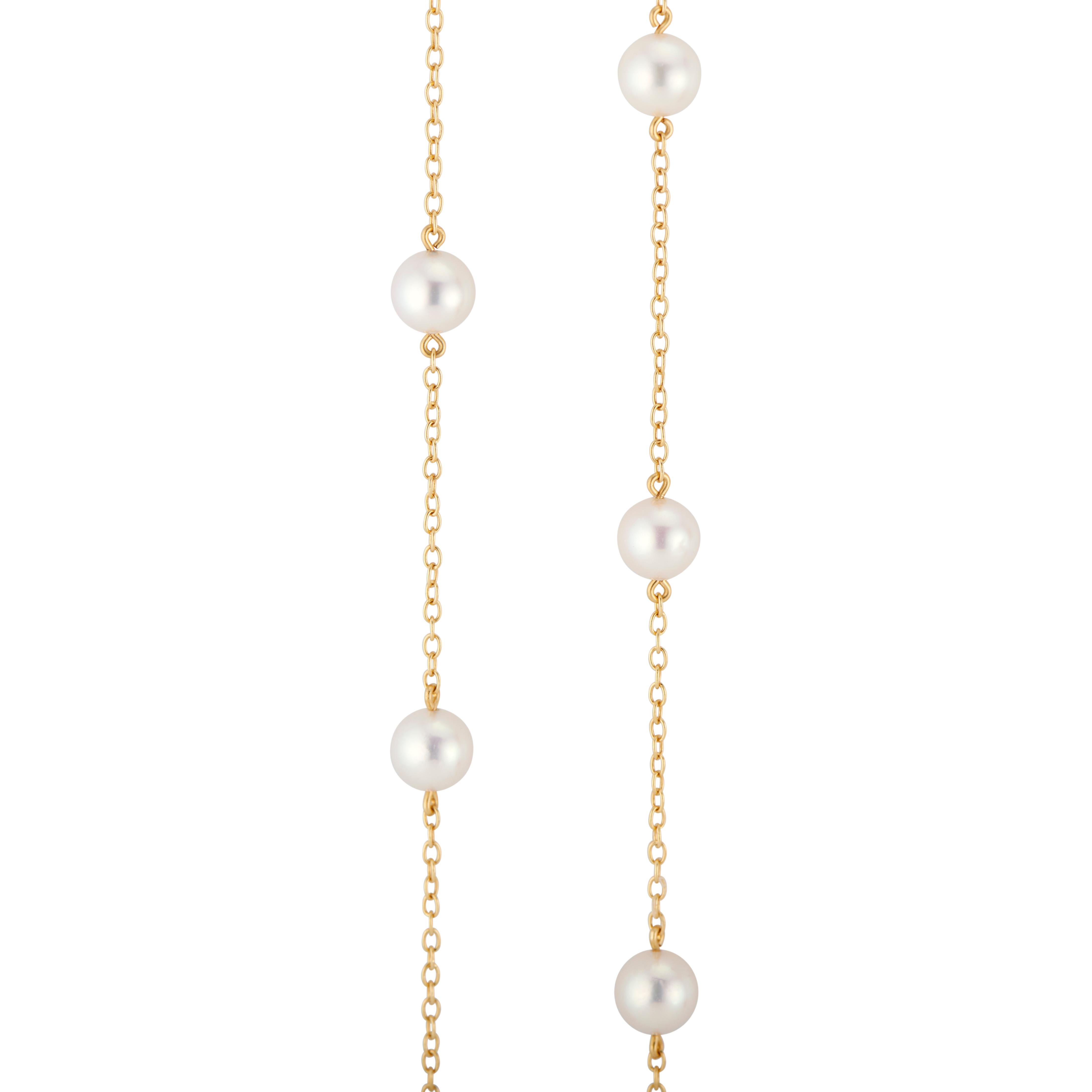 Round Cut Mikimoto Pearl Station Yellow Gold Necklace