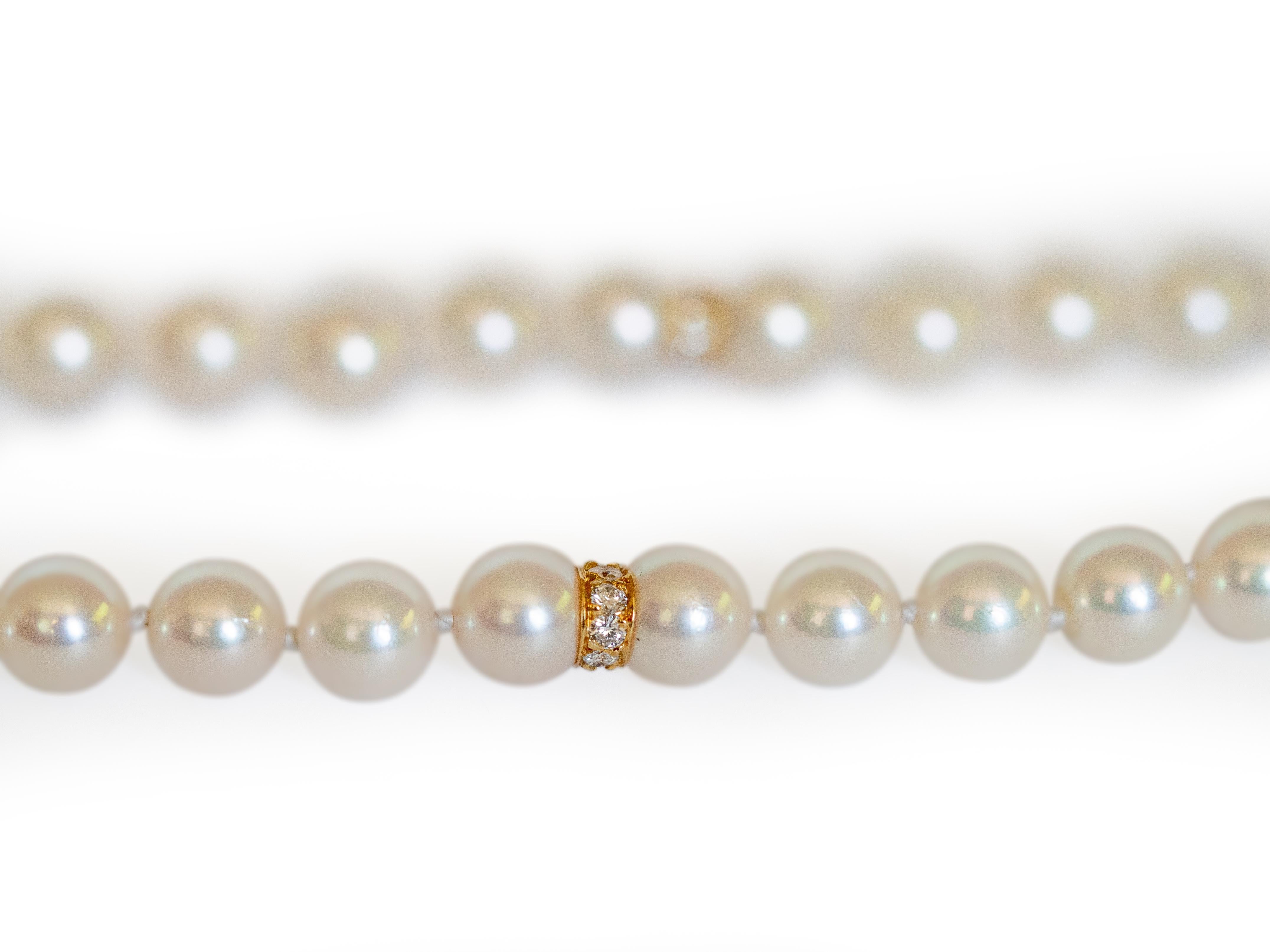 Contemporary Mikimoto Pearl Strand Necklace with Diamond Rondelles