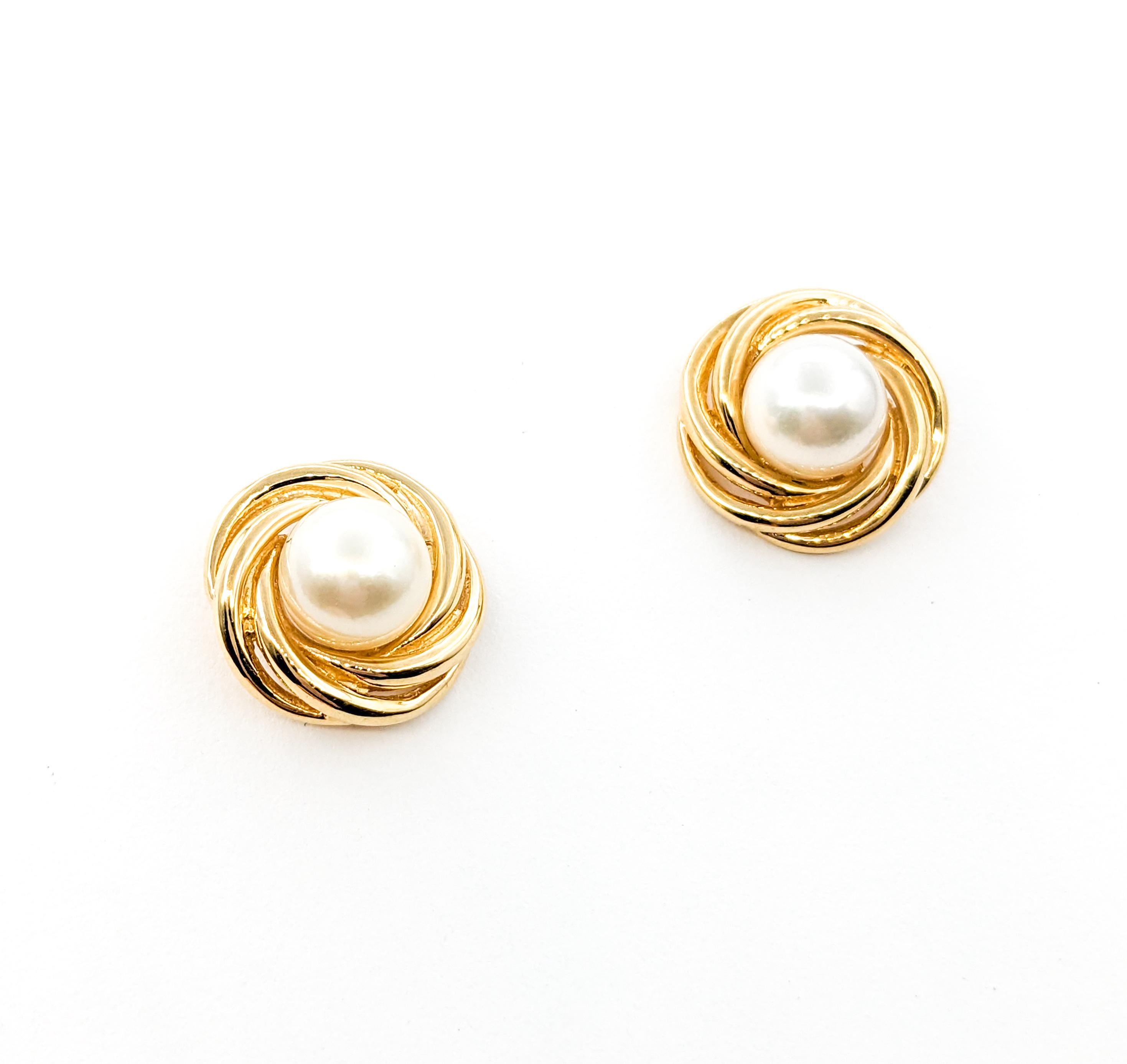 Modern Mikimoto Pearl Stud Earrings In Yellow Gold