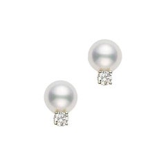 Mikimoto Pearl Studs with Diamonds A+ D0.06 Carat 18 Karat Yellow Gold PES602DK