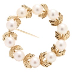 Mikimoto Pearl Wreath Brooch, 14k Yellow Gold, Length 1.38 Inches