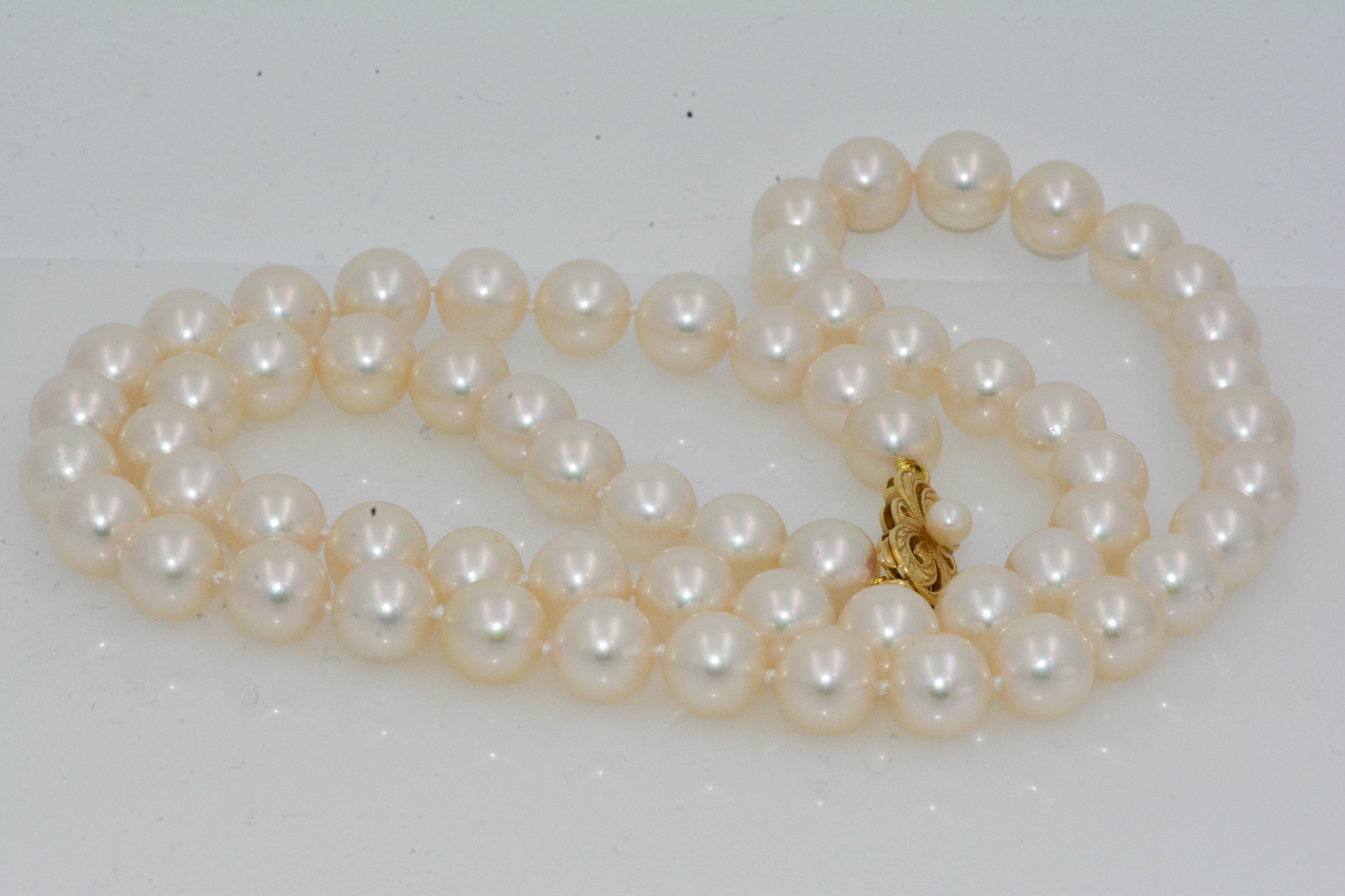 Luxurious, beautiful, and graceful, this strand of 62 Mikimoto Pearls measuring 8 - 8.5 mm are clasped together with an elegant 18 karat yellow gold clasp. This splendid strand of Mikimoto pearls will quickly become indispensable to your jewelry
