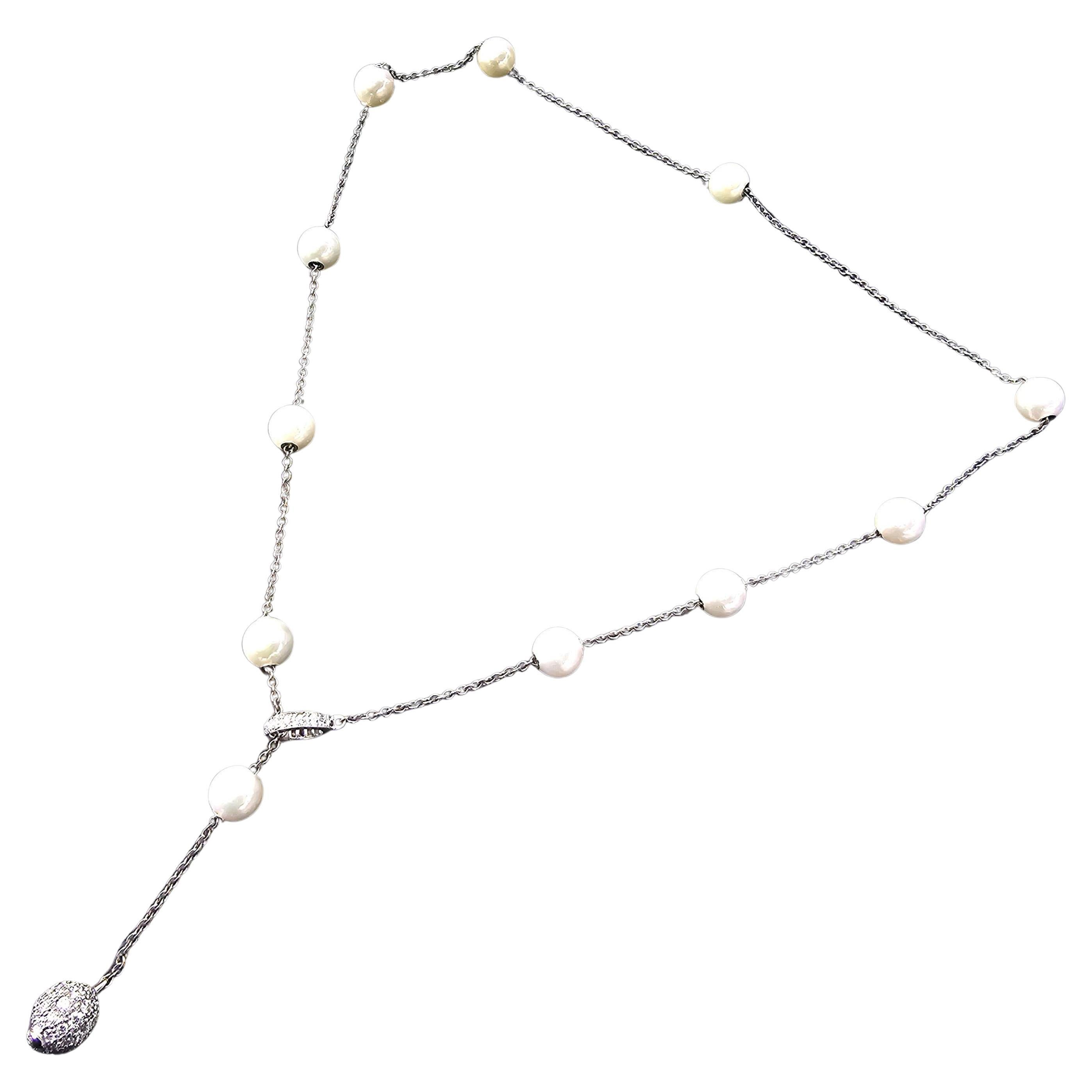 Mikimoto Pearls in Motion Necklace Chain Lariat 18k White Gold Pave Ball 14.6g For Sale
