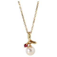 Mikimoto Pendant. 18k Yellow Gold Mikimoto Pearl Ruby Necklace.