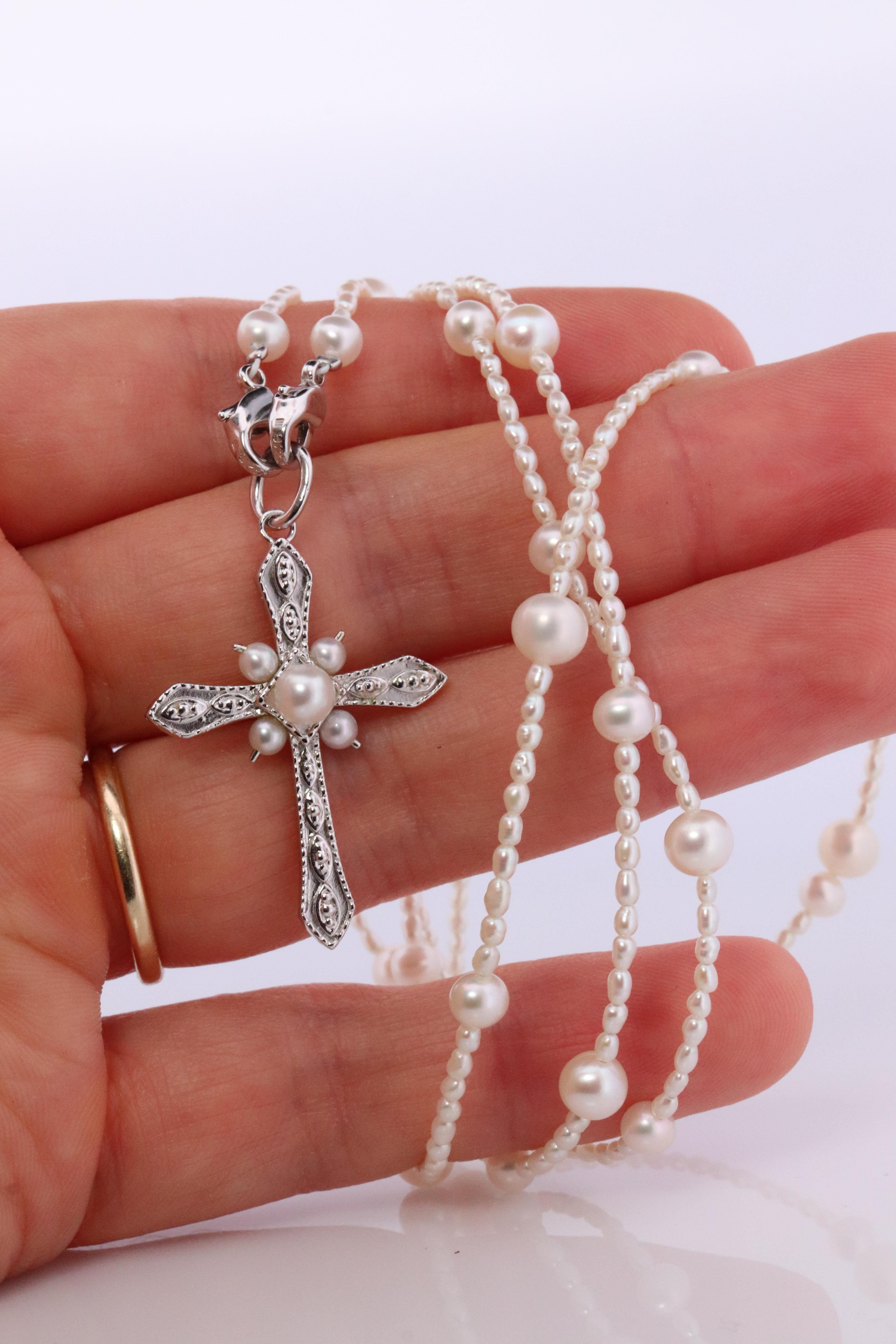 Mikimoto-Anhänger. Cross Crucifix Sterlingsilber Perlenkette. Mikimoto-Perlen 3