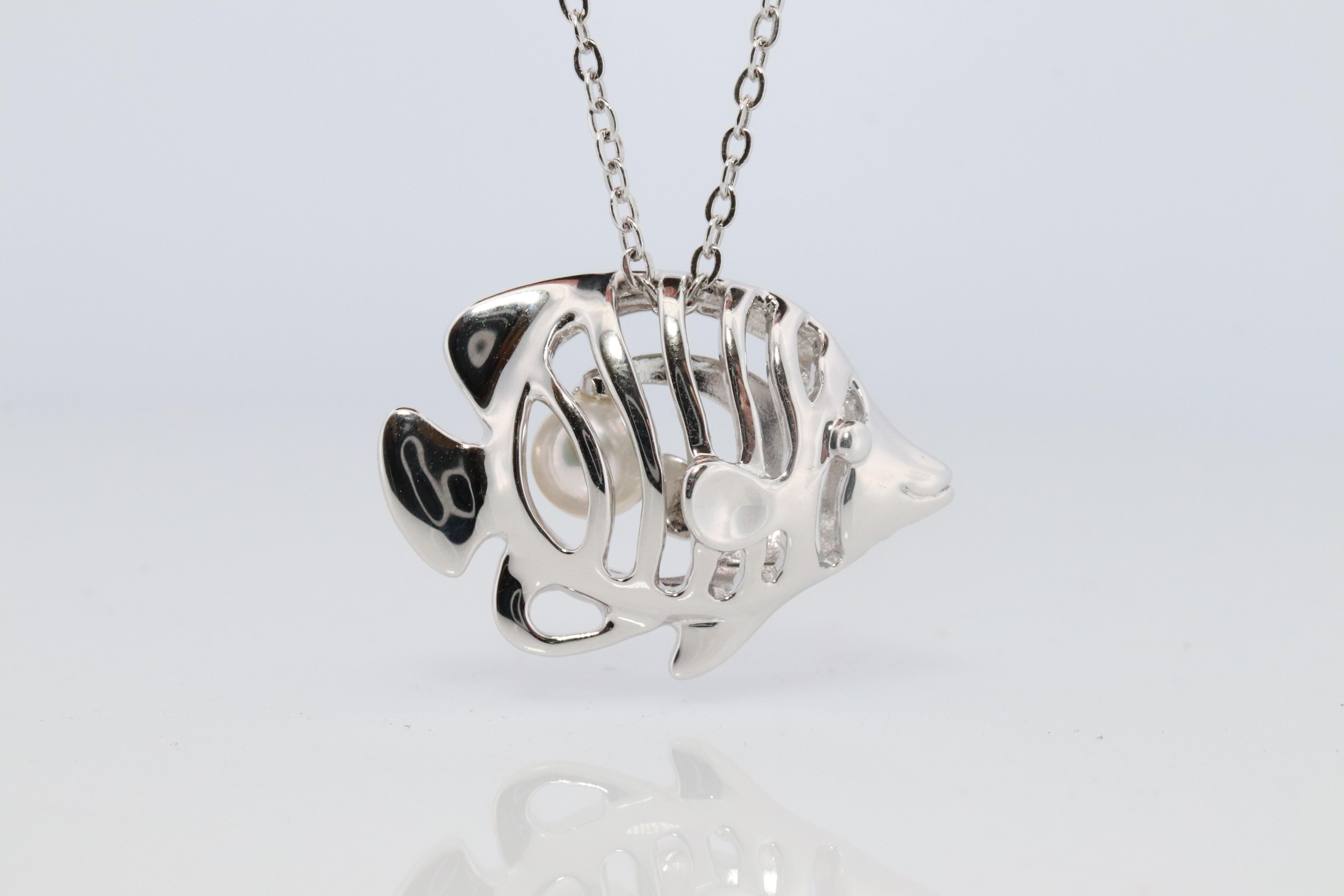 Modern Mikimoto Pendant Sterling Silver. Mikimoto Fish with a Pearl Pendant Necklace. For Sale