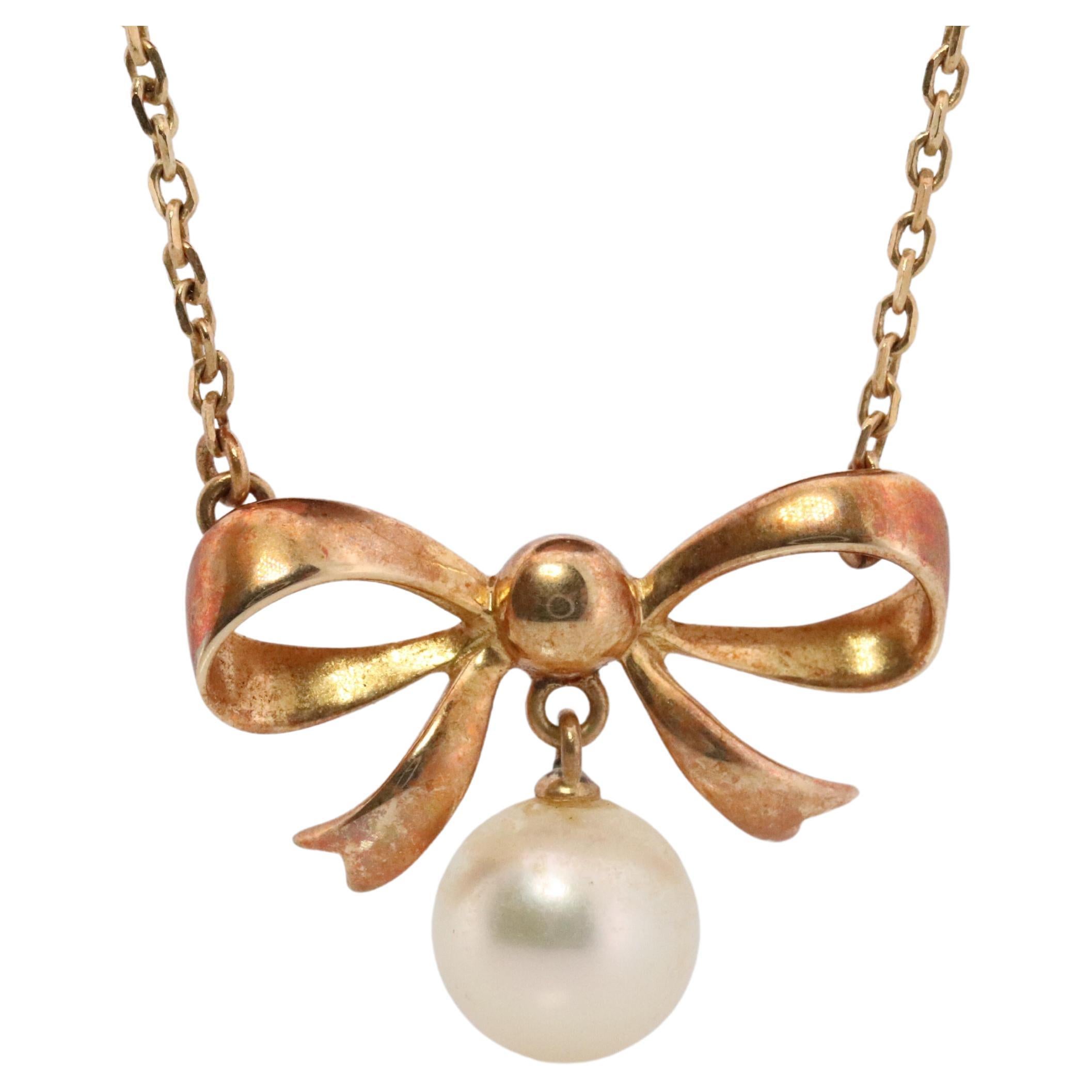 Mikimoto Pendant. Vintage 14k Gold Mikimoto BOW Pearl Diamond Necklace.