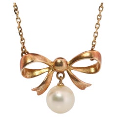 Mikimoto Pendant. Vintage 14k Gold Mikimoto BOW Pearl Diamond Necklace.