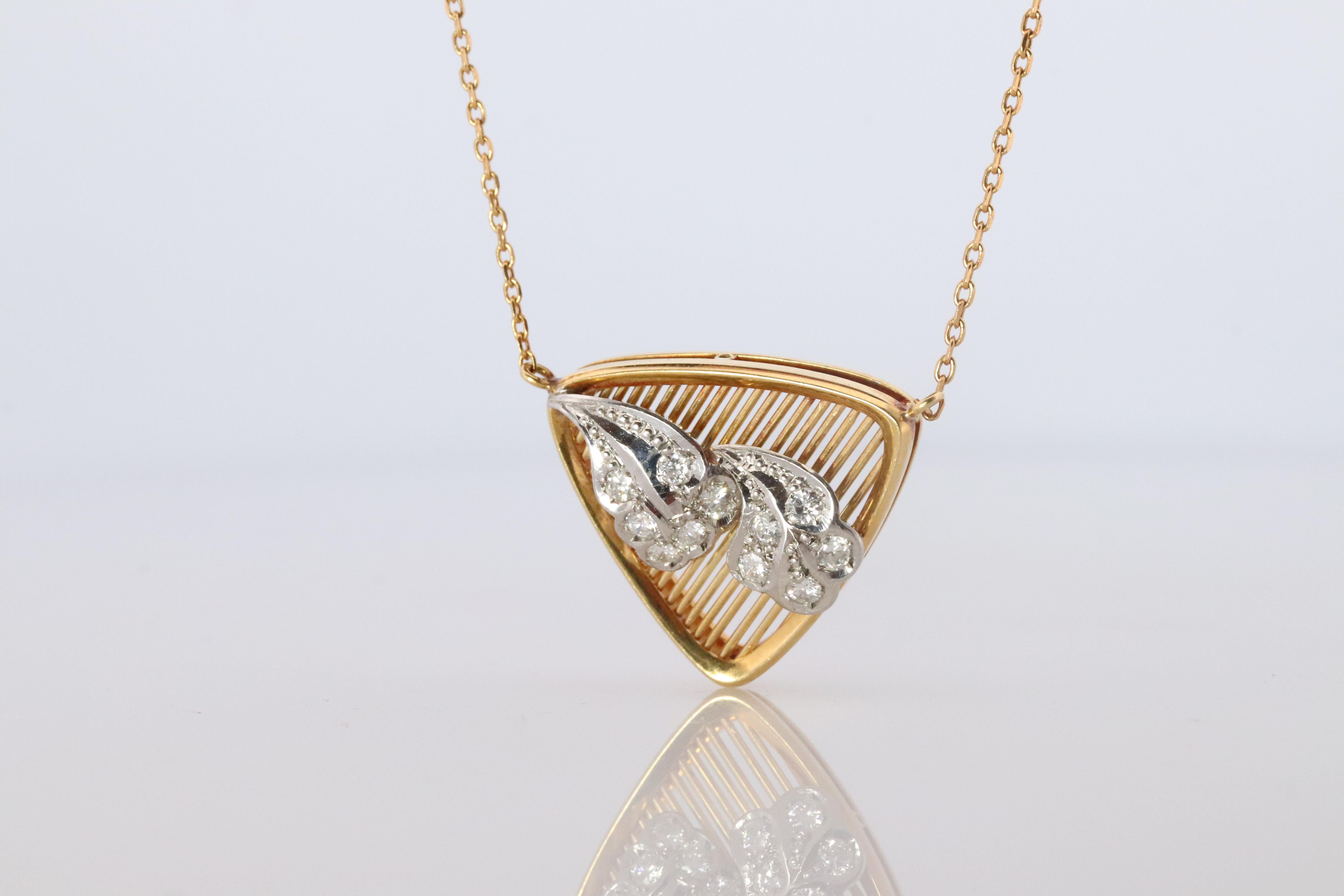 Modern Mikimoto Pendant. Vintage 18k YG and Pt900 Mikimoto Diamond Shield Necklace For Sale