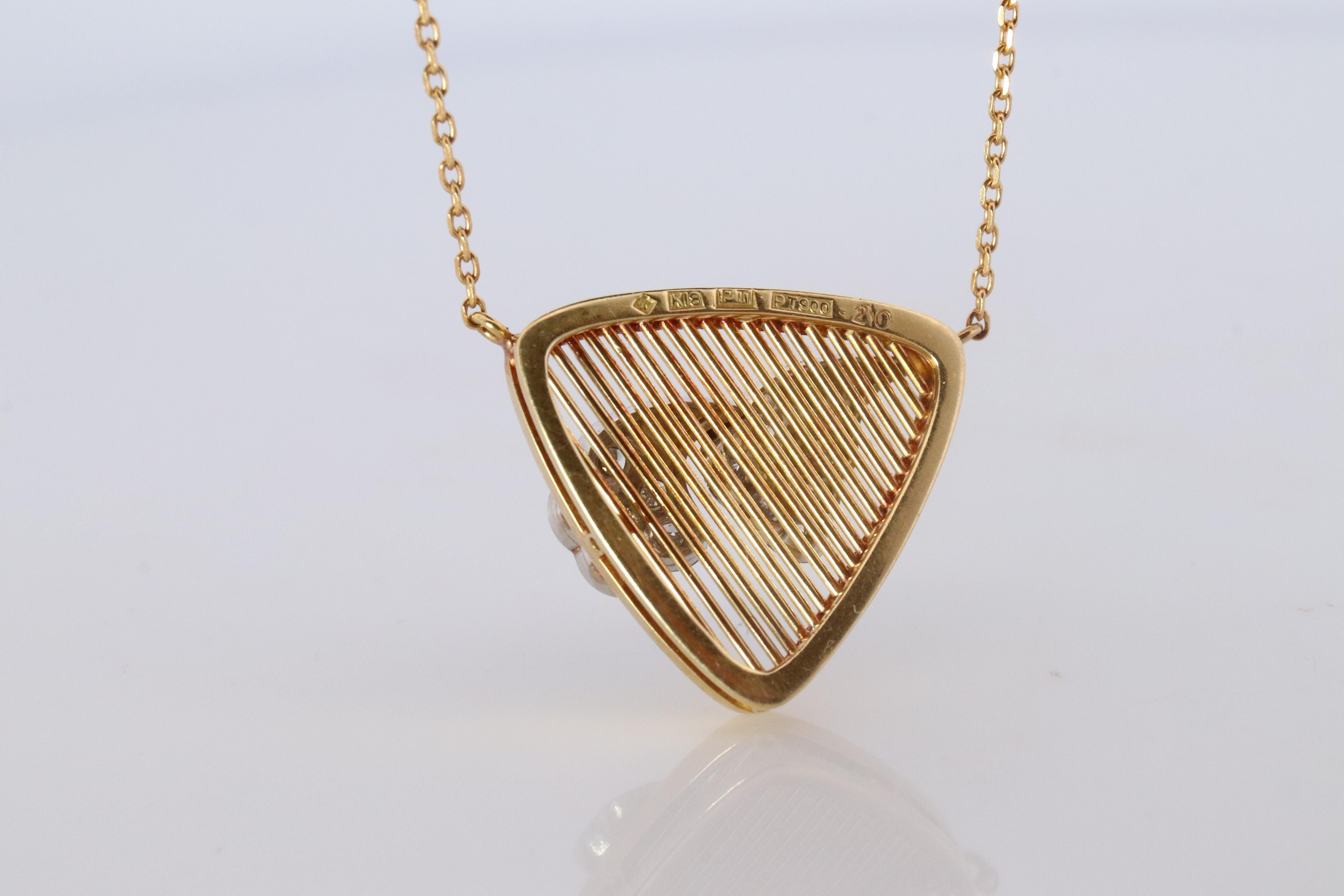 Mikimoto Pendant. Vintage 18k YG and Pt900 Mikimoto Diamond Shield Necklace In Good Condition For Sale In Port Charlotte, FL