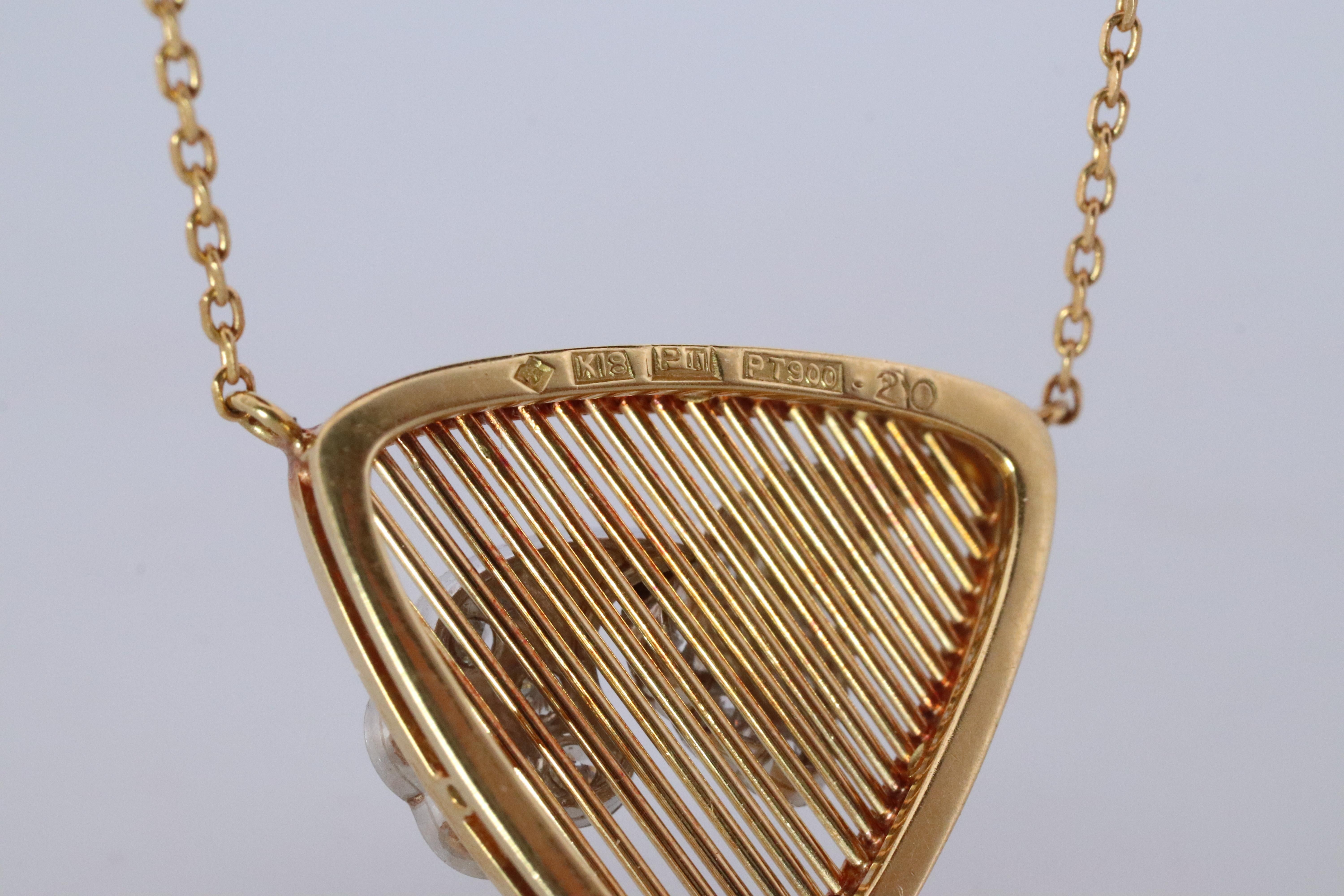 Women's Mikimoto Pendant. Vintage 18k YG and Pt900 Mikimoto Diamond Shield Necklace For Sale