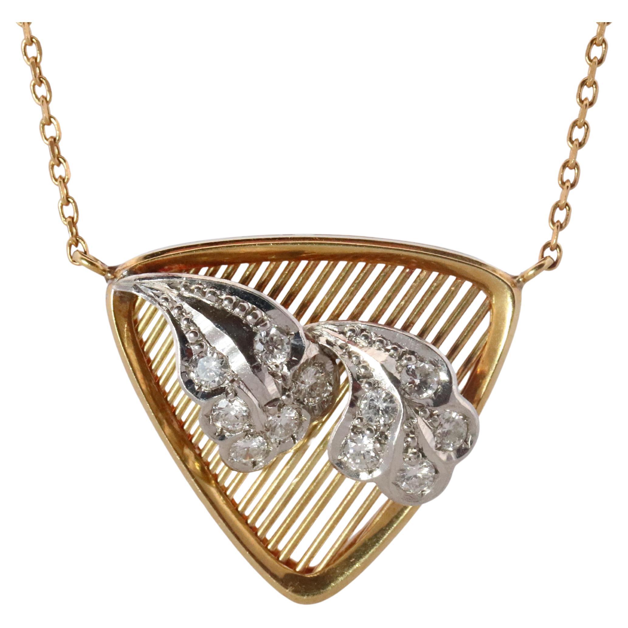 Mikimoto Pendant. Vintage 18k YG and Pt900 Mikimoto Diamond Shield Necklace For Sale