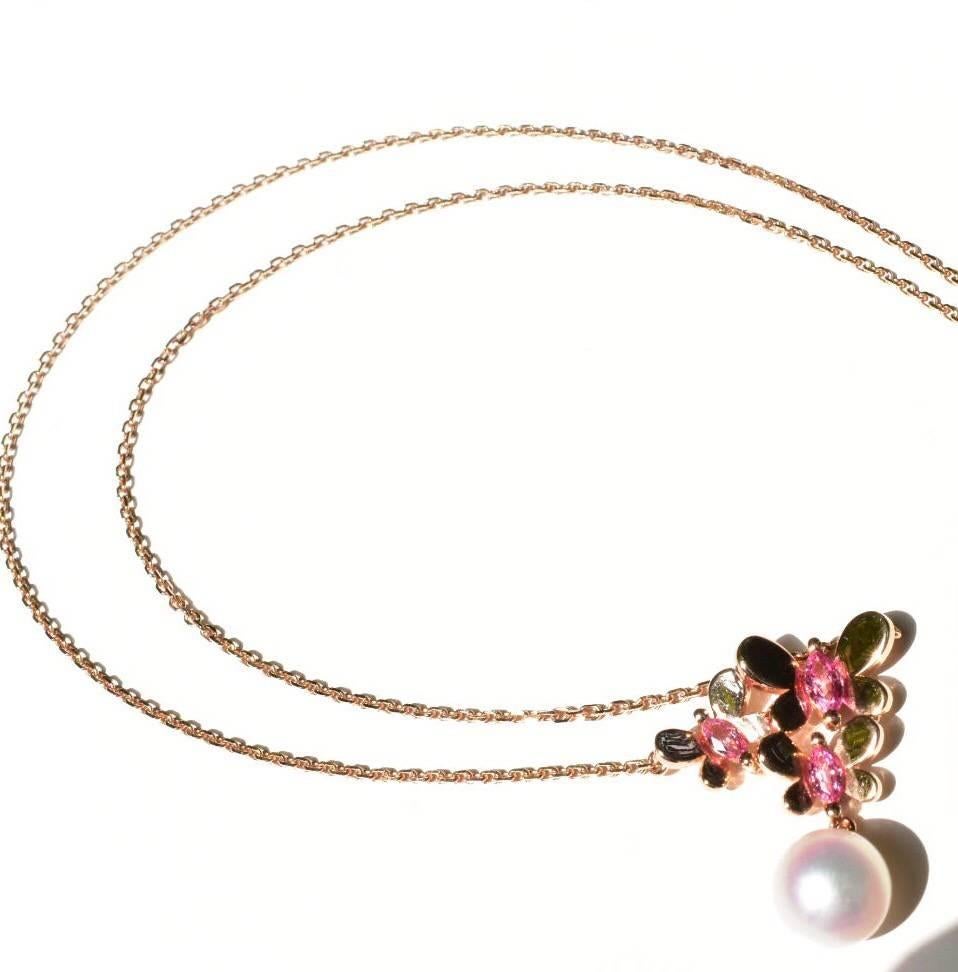 Marquise Cut Mikimoto Pink Sapphire and Pearl Necklace For Sale