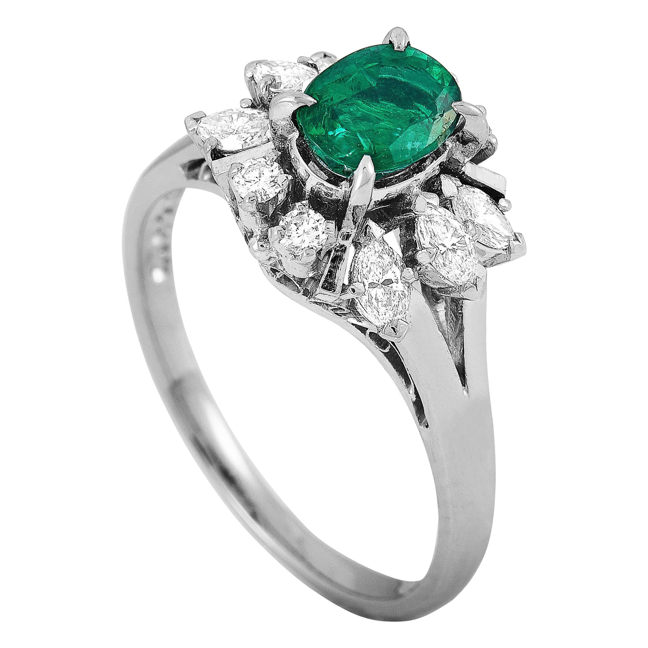 Mikimoto Platinum 0.50 Carat Diamond and Emerald Ring