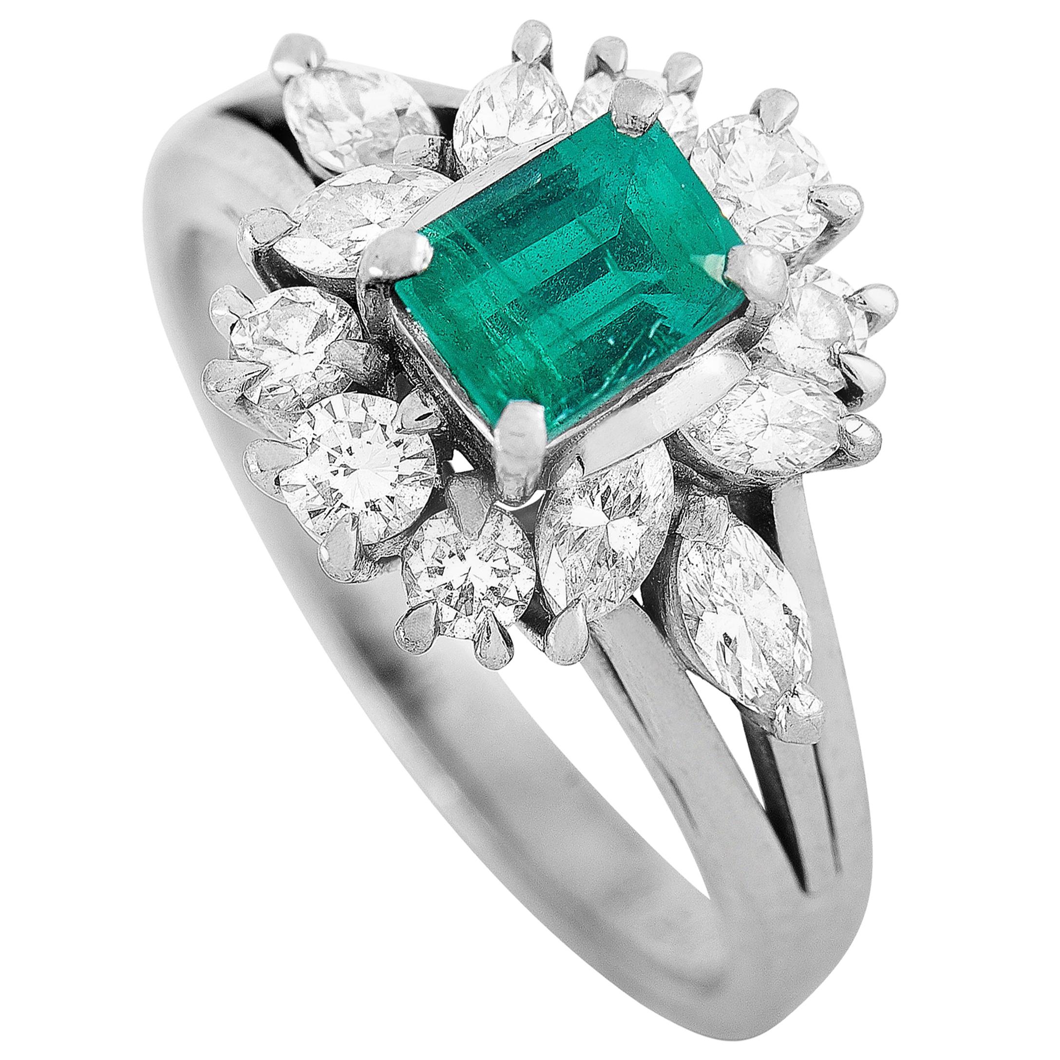 Mikimoto Platinum 0.66 Carat Diamond and Emerald Ring