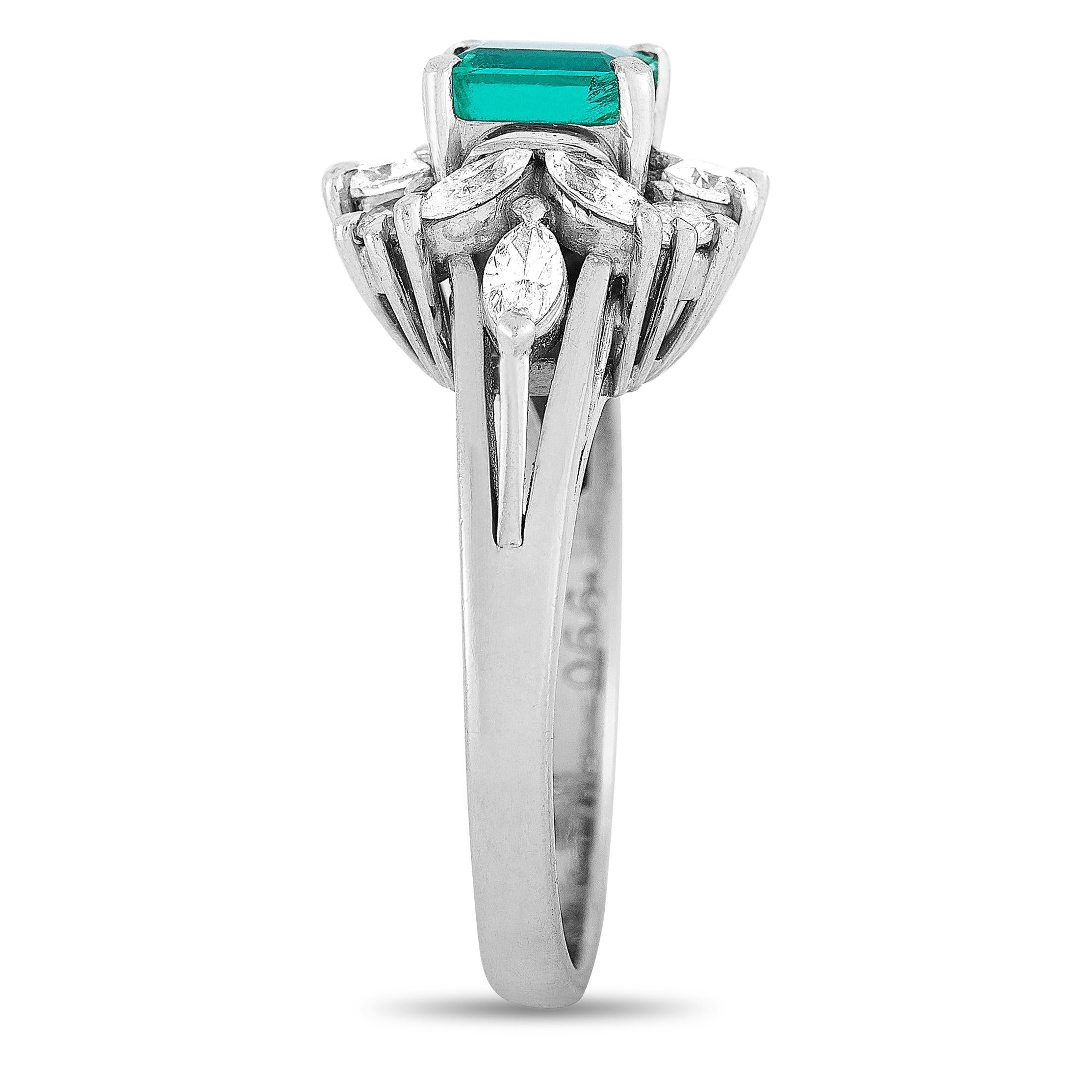 Emerald Cut Mikimoto Platinum 0.66 Carat Diamond and Emerald Ring