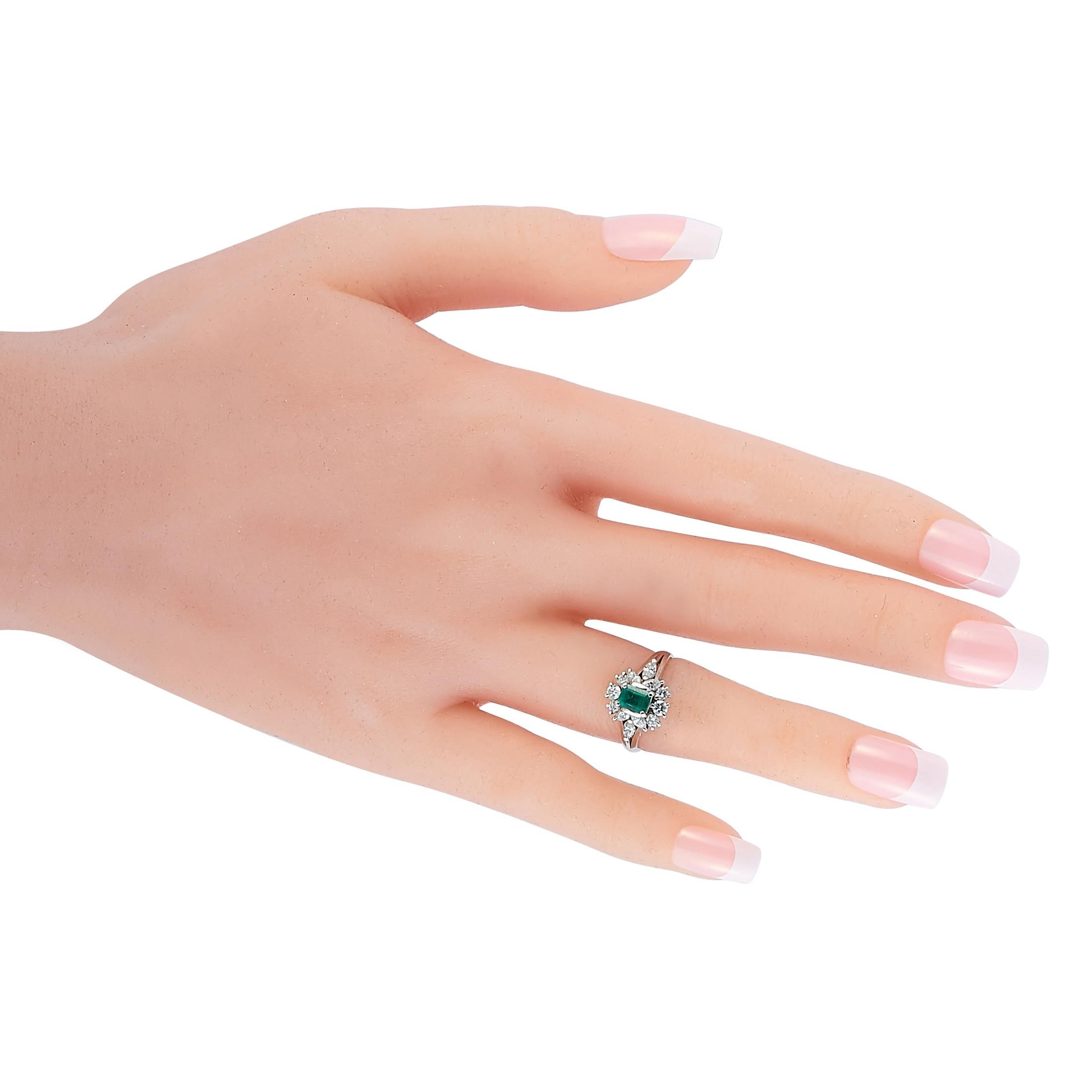 Mikimoto Platinum 0.66 Carat Diamond and Emerald Ring In Excellent Condition In Southampton, PA