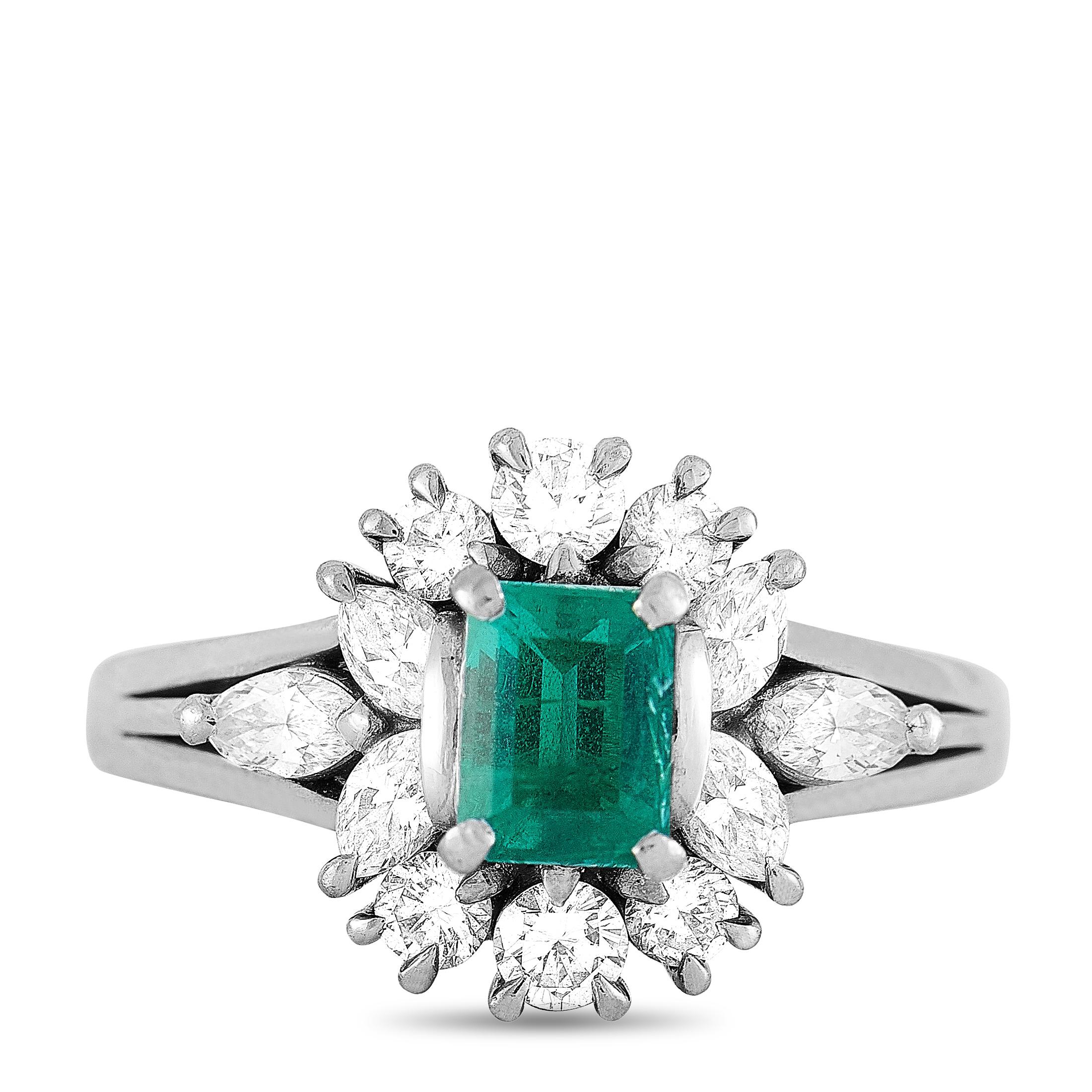 Women's Mikimoto Platinum 0.66 Carat Diamond and Emerald Ring