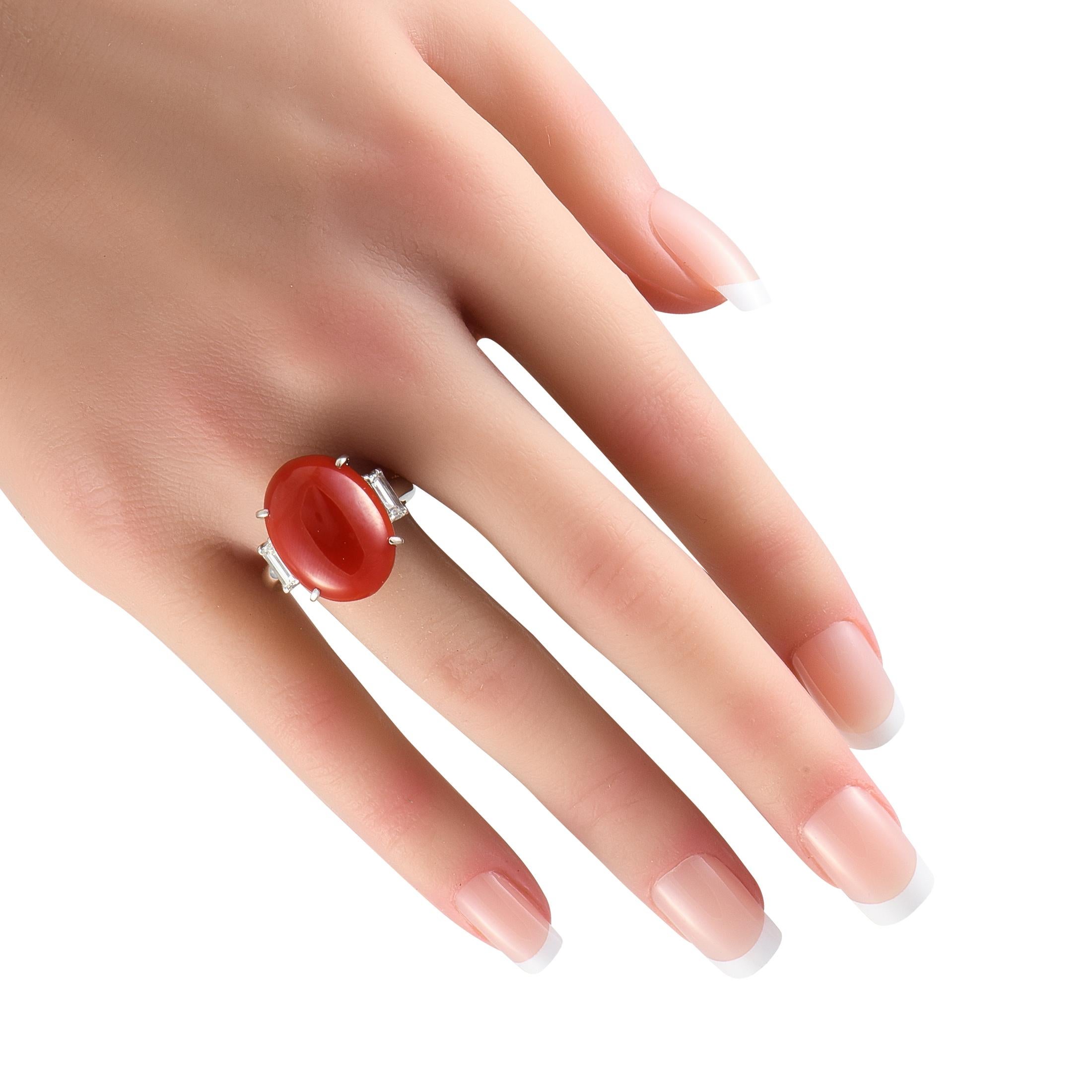 Baguette Cut Mikimoto Platinum 0.89ct Diamond and Coral Ring
