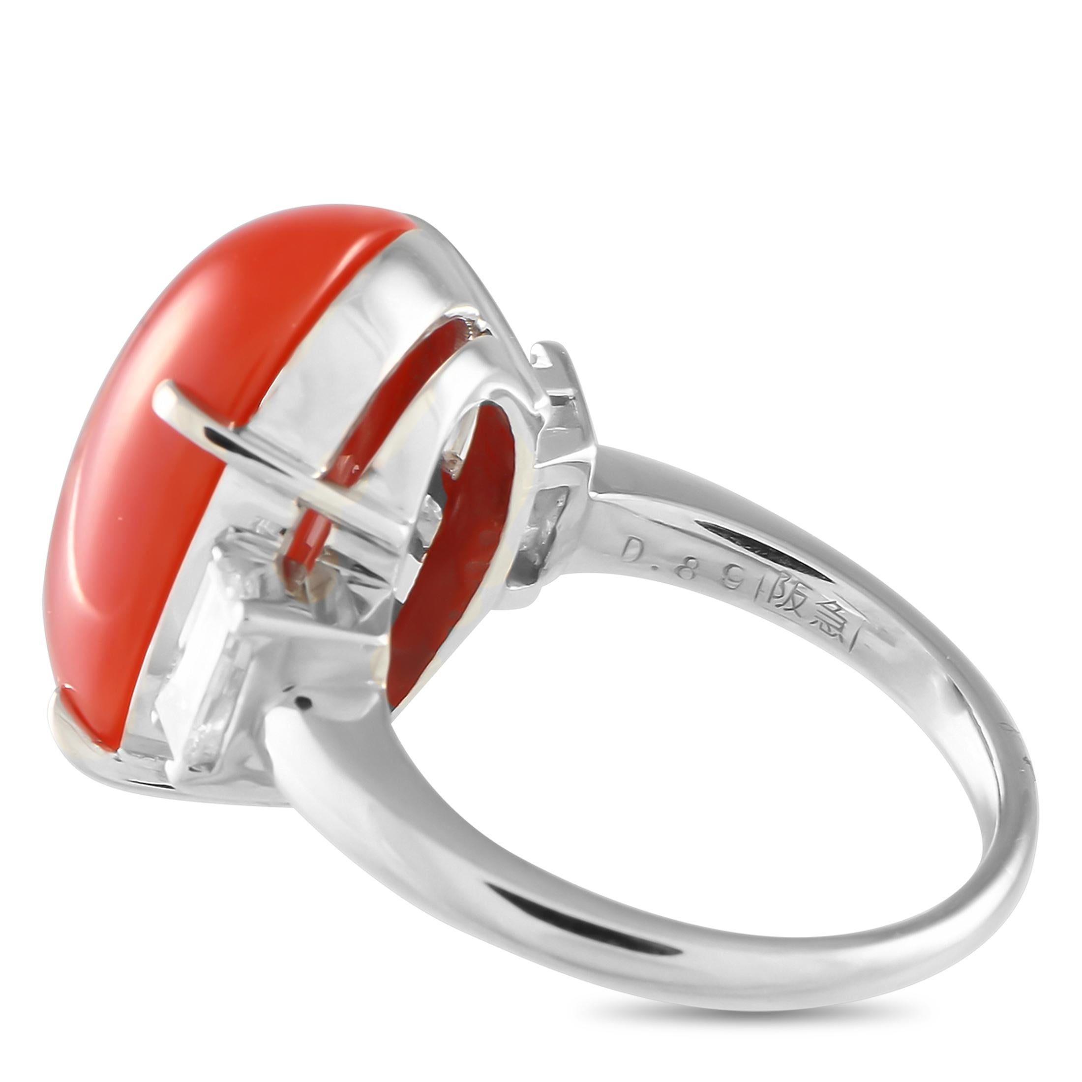 Mikimoto Platinum 0.89ct Diamond and Coral Ring In Excellent Condition In Southampton, PA