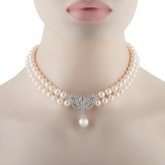 Mikimoto Platin 2,25ct Diamant und Perle Doppelstrang Halskette MI54-022026
