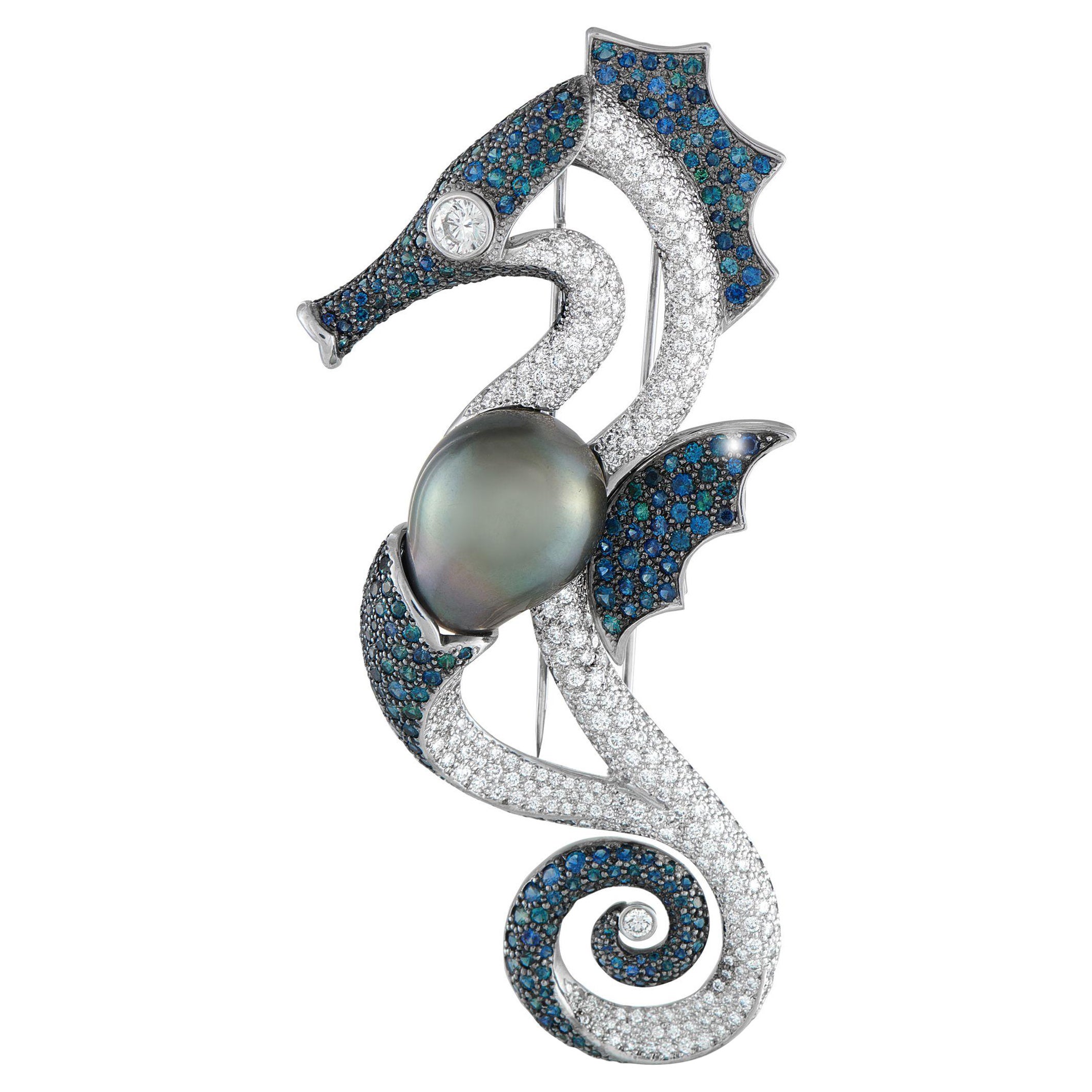 Mikimoto Platin 2,50ct Diamant und Perle Seepferdchen Brosche MK01-072325 im Angebot