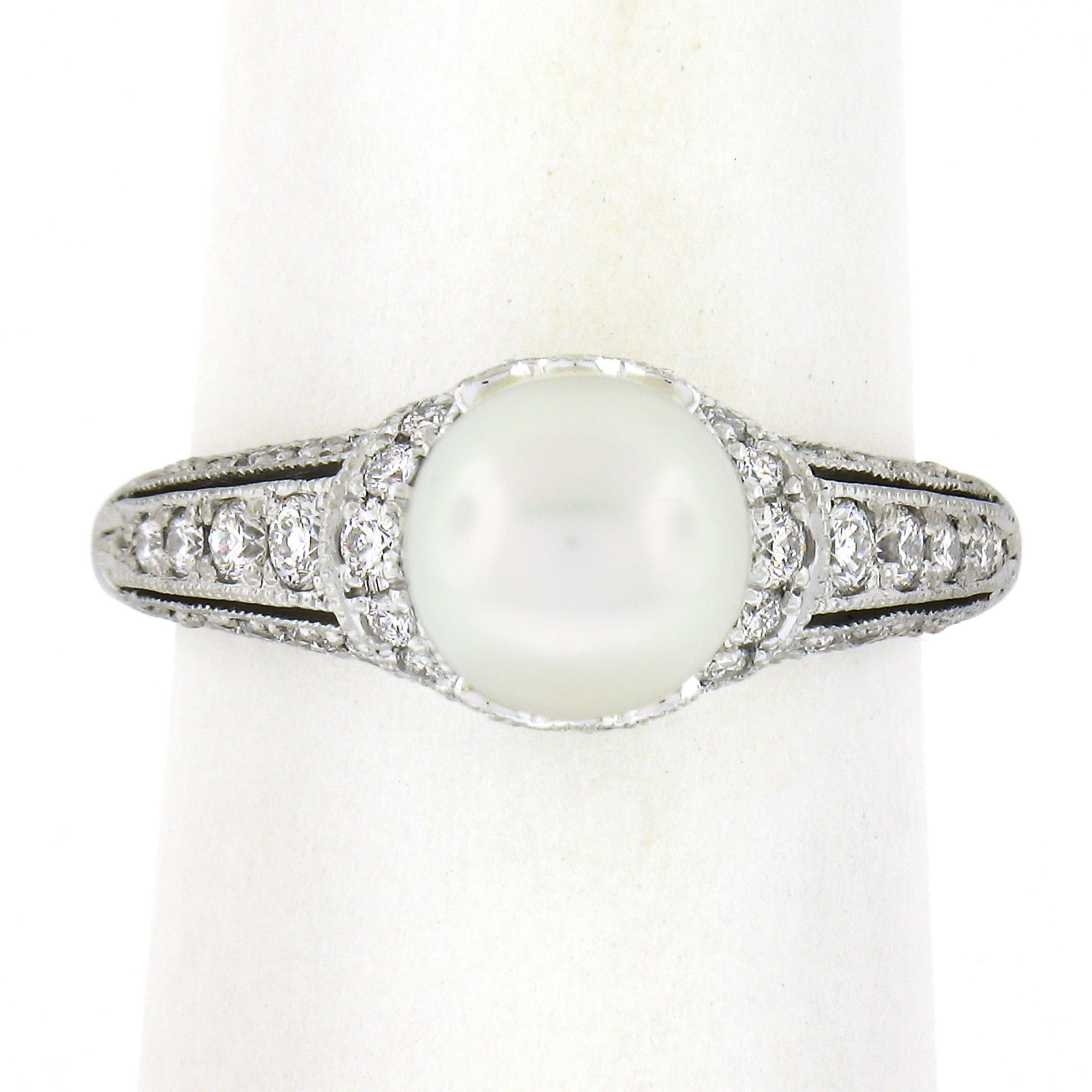Round Cut Mikimoto Platinum 7.6mm White Pearl Solitaire Ring w/ .50ctw Diamond Accents
