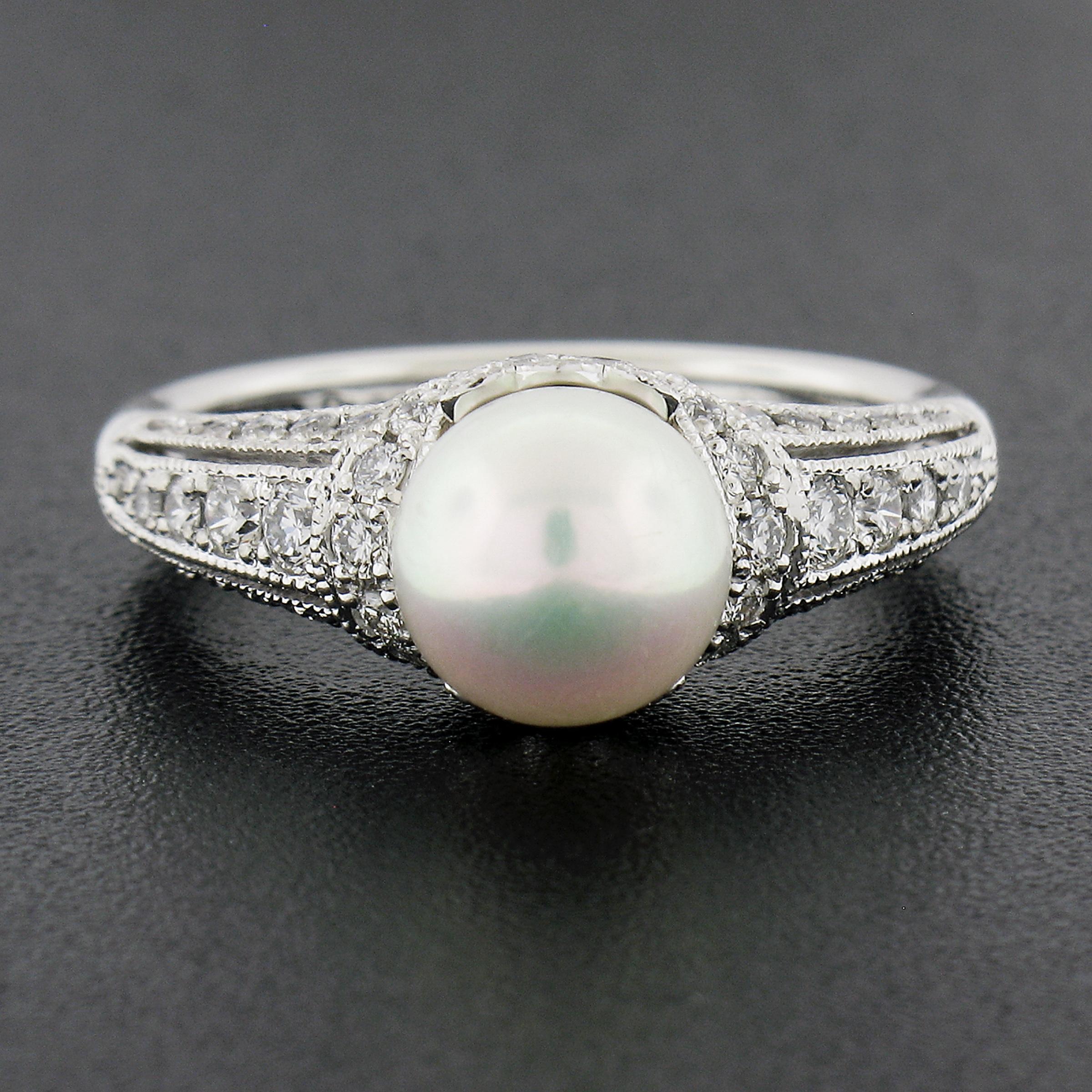 Mikimoto Platinum 7.6mm White Pearl Solitaire Ring w/ .50ctw Diamond Accents In Good Condition In Montclair, NJ