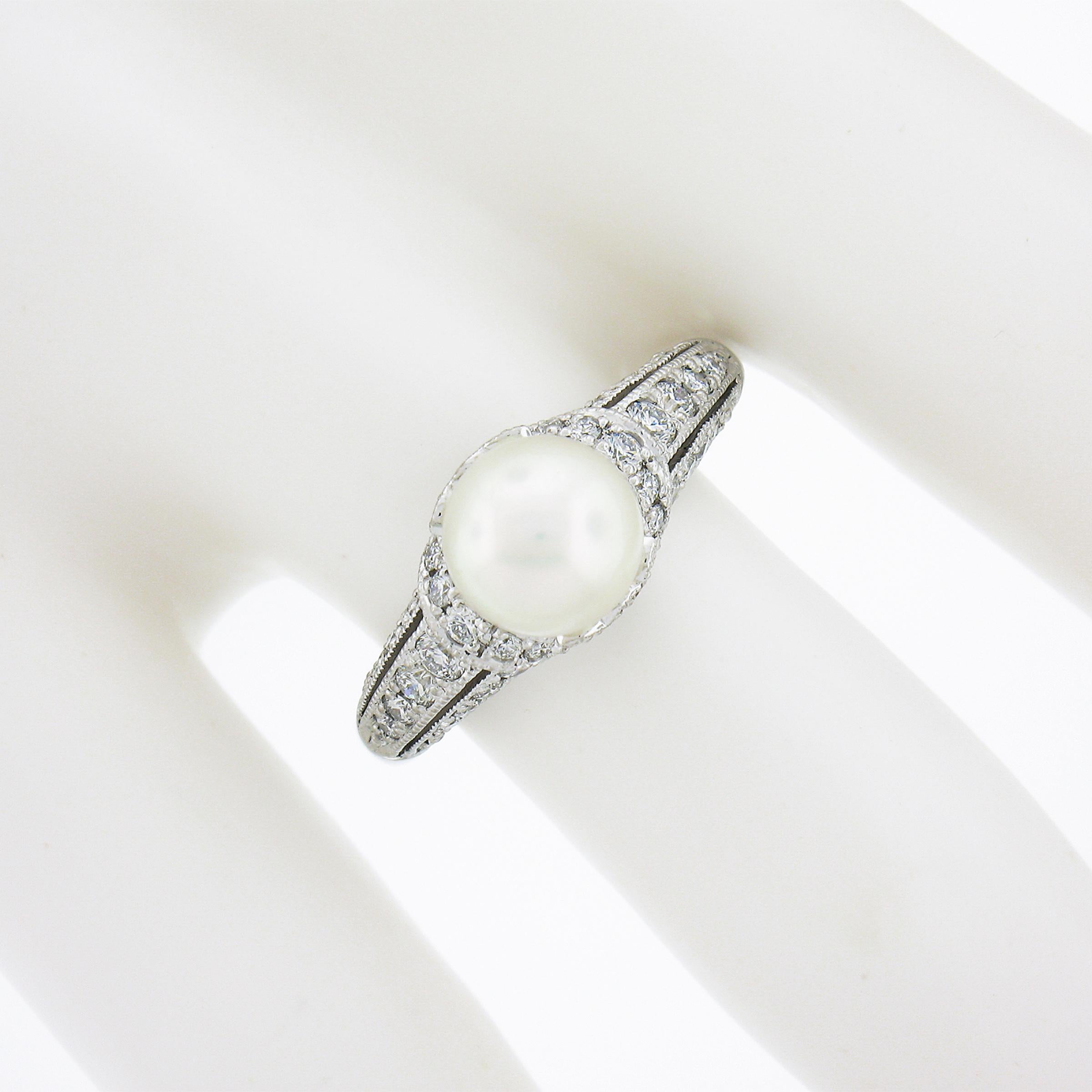Women's Mikimoto Platinum 7.6mm White Pearl Solitaire Ring w/ .50ctw Diamond Accents