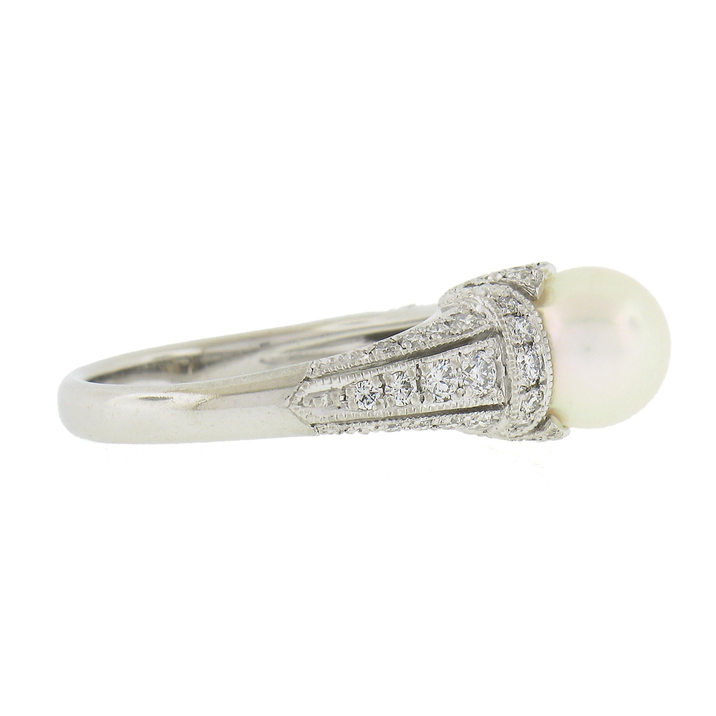 Mikimoto Platinum 7.6mm White Pearl Solitaire Ring w/ .50ctw Diamond Accents 1