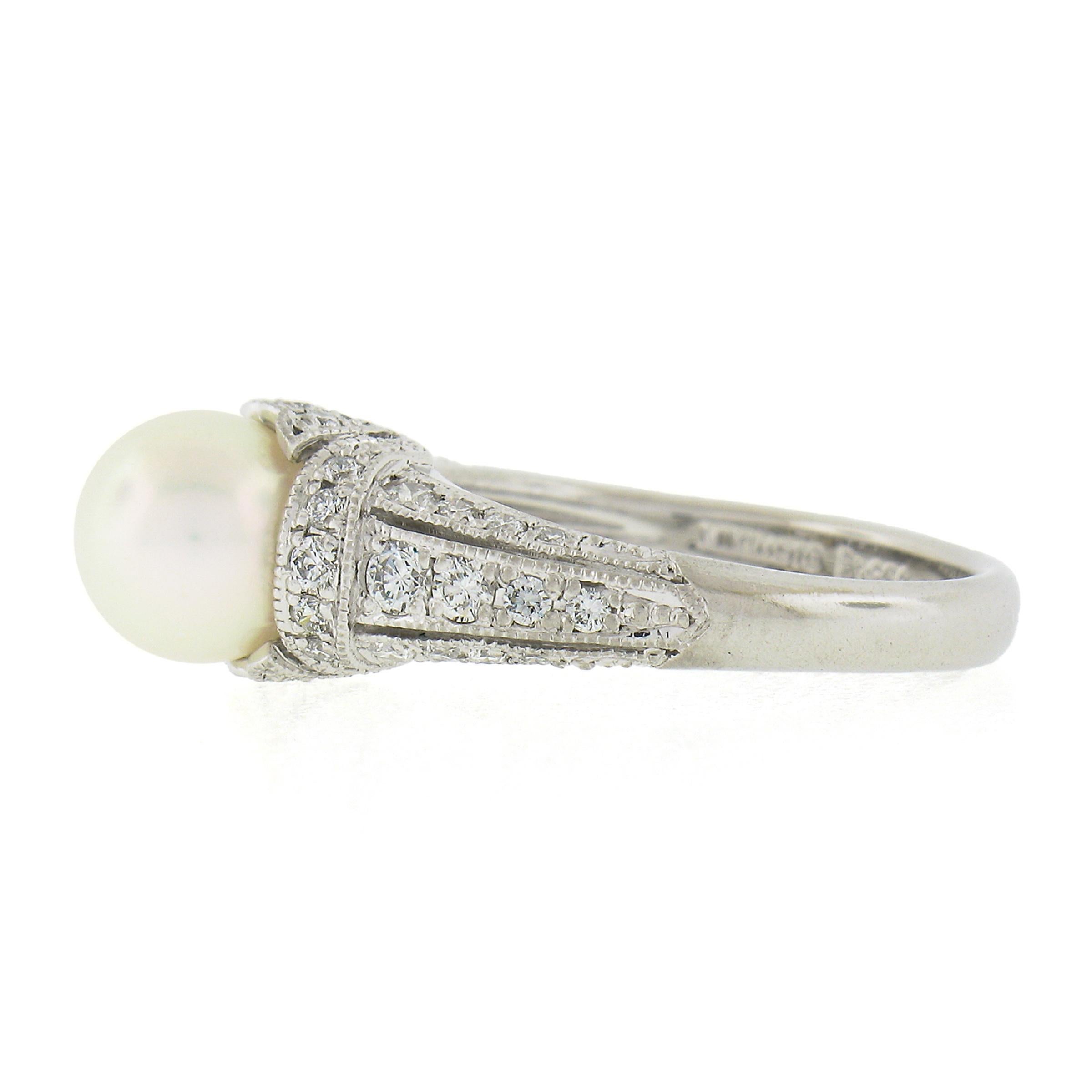 Mikimoto Platinum 7.6mm White Pearl Solitaire Ring w/ .50ctw Diamond Accents 2