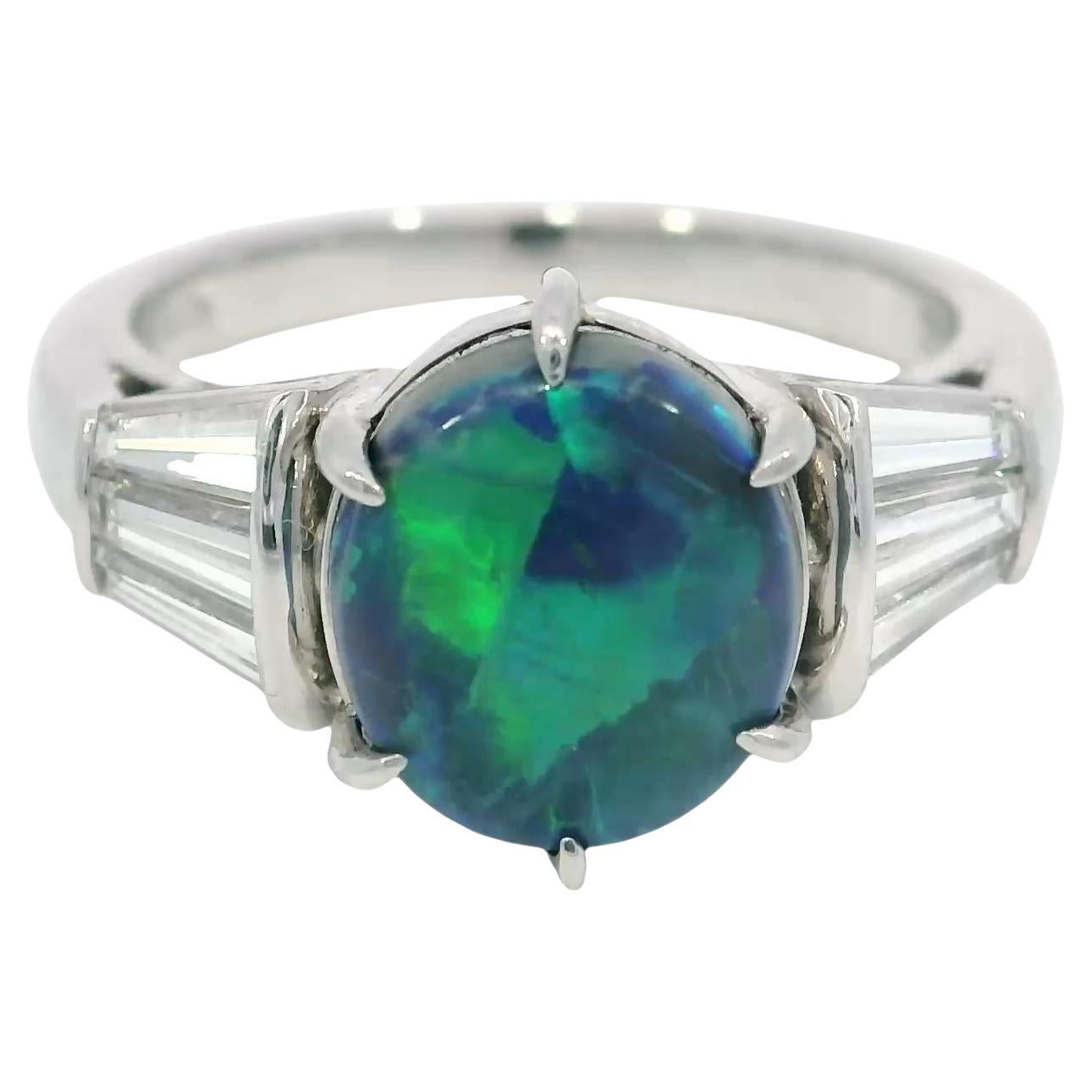 Mikimoto Platin Schwarzer Opal Verlobungsring Baguetteschliff Akzente ~1,64ct Opal im Angebot