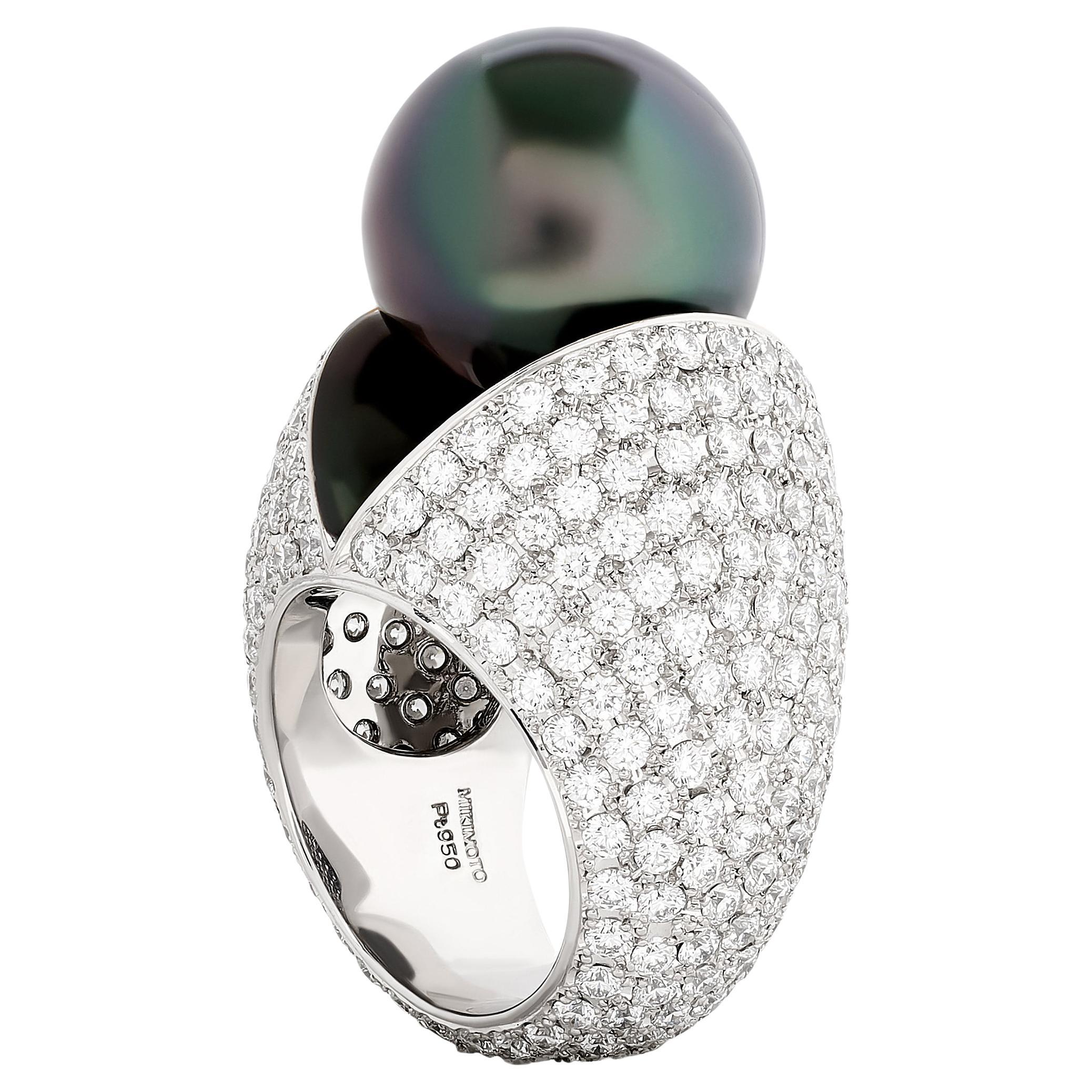 Mikimoto Platinum Black Pearl and Diamond Ring For Sale
